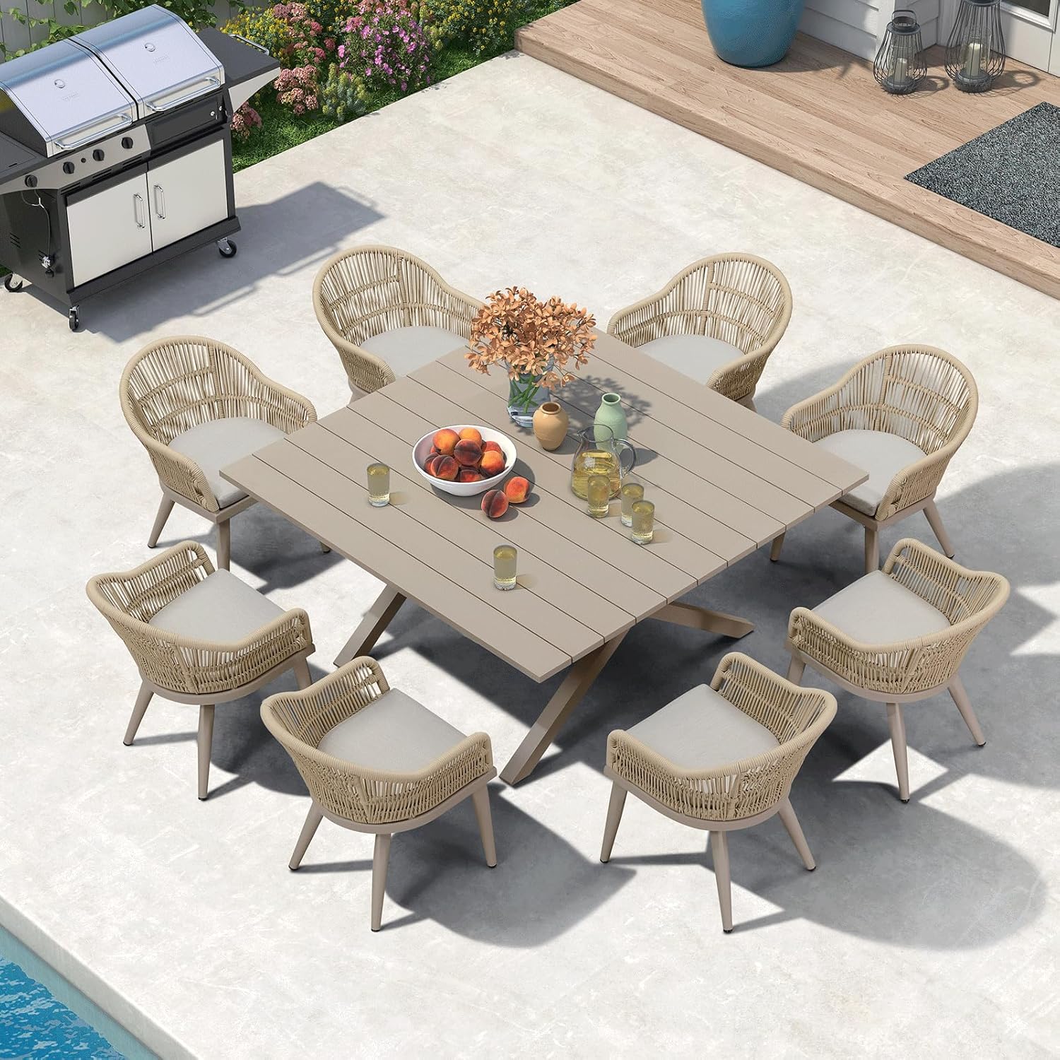 PURPLE LEAF 9 Piece 9 Pieces square Rattan Patio Dining Set Aluminum Square Table with 8 Yellow Cushions Stationary Chairs in the Patio Dining Sets department at Lowes