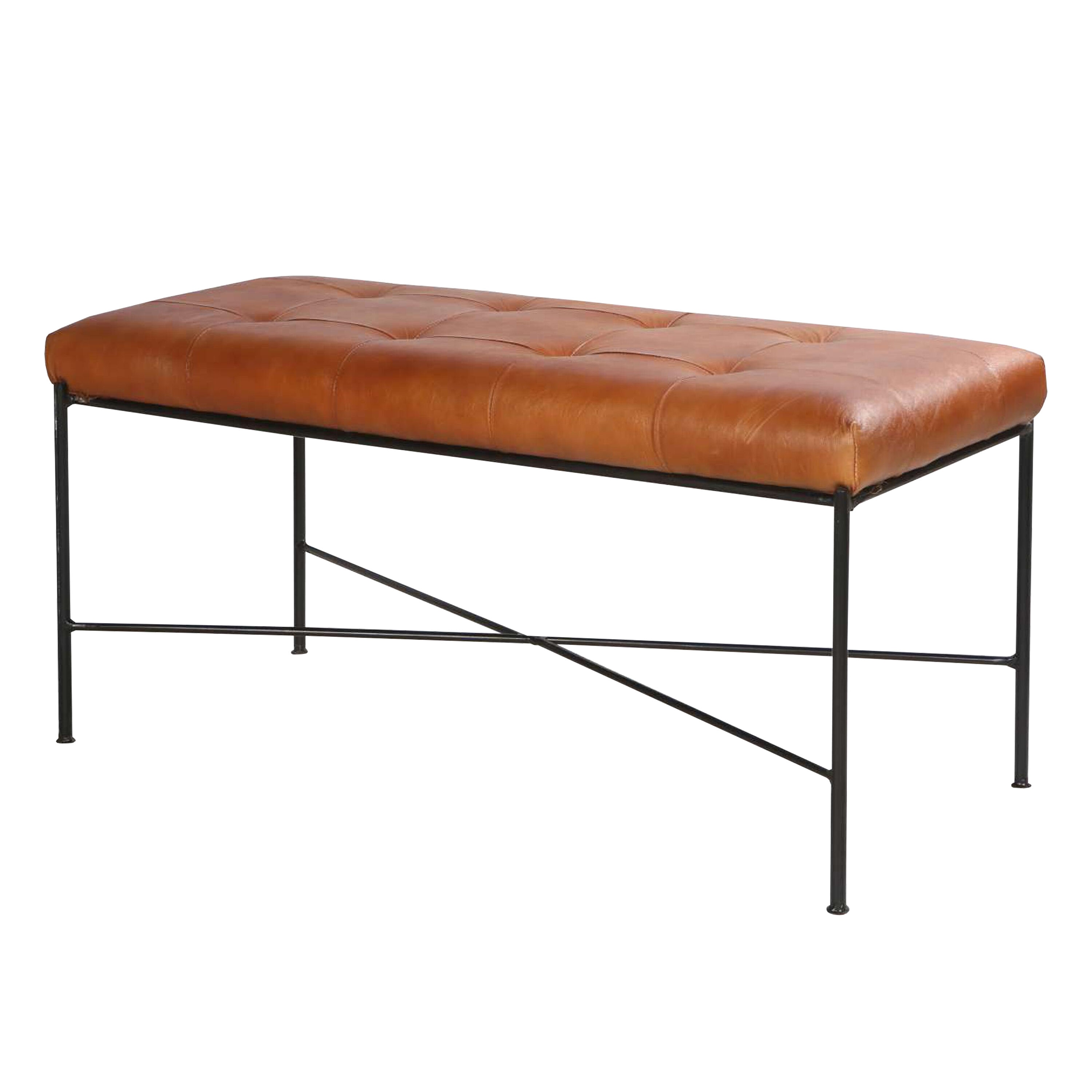 Benzara UPT-266375 39 Inch Rectangular Accent Bench, Genuine Leather Seating, Tufted, Tan Brown, Black