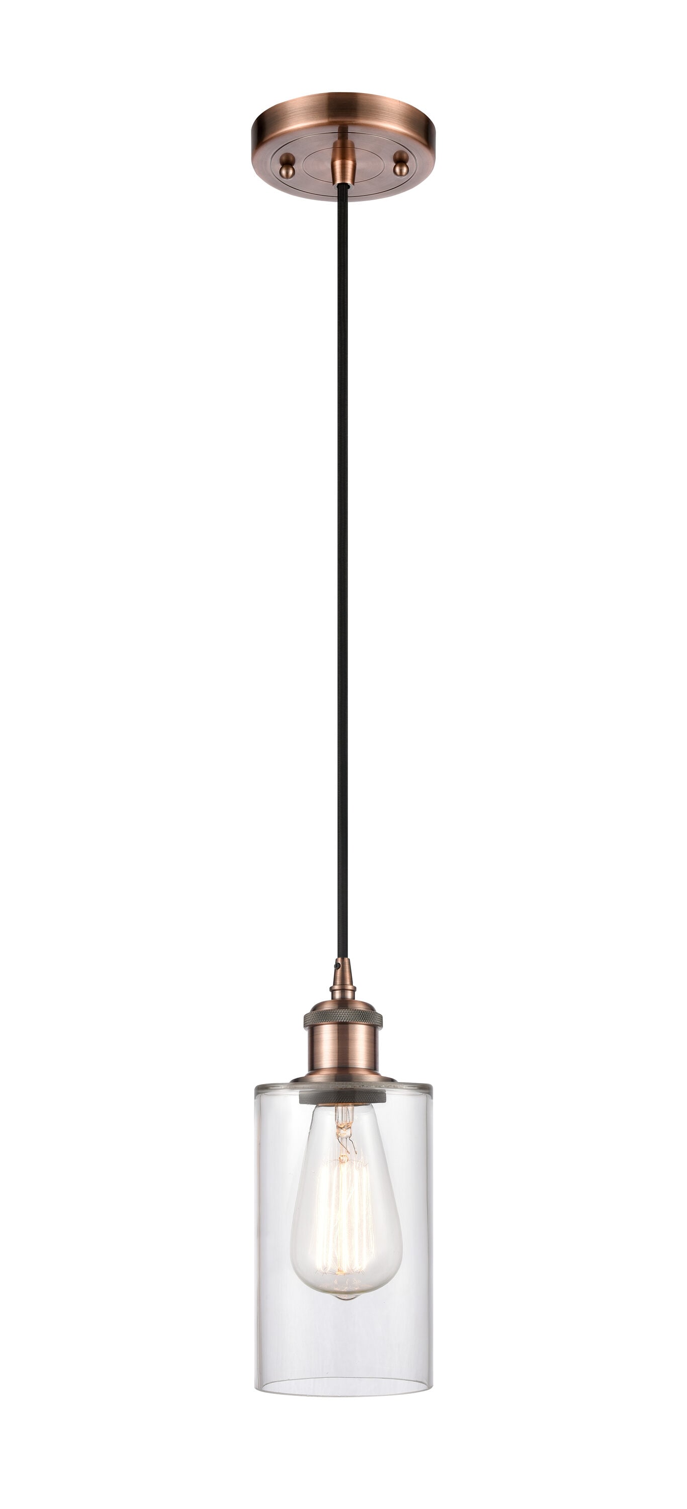 Innovations Lighting 516-1P-AC-G802 Clymer Antique Copper Traditional Clear glass Cylinder Medium Hanging Pendant light