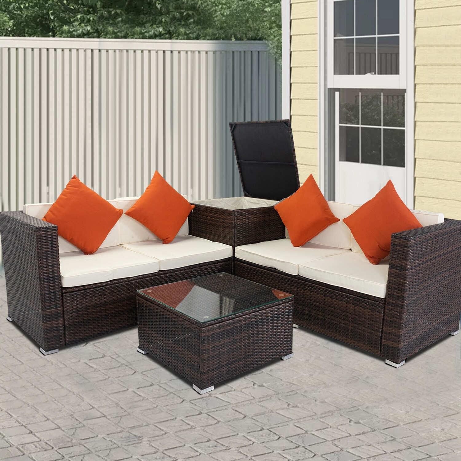 4 Piece Patio Sectional Wicker Rattan Outdoor Furniture Sofa Set with Storage Box | - Maincraft D01-PFS46