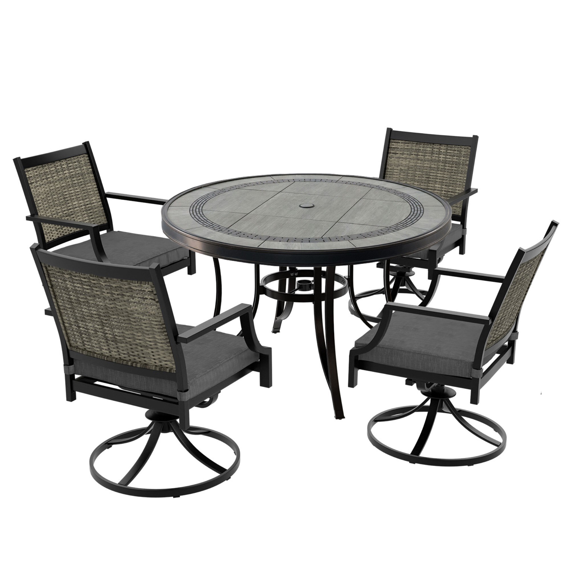 Mondawe 21OD011025BE-B Aluminum 5 -Piece Bronze Patio Dining Set Aluminum Round Table with 4 Gray Cushions Swivel Chairs
