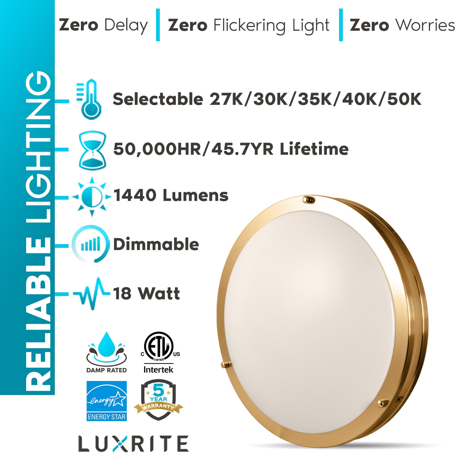 Elegant 14" Brushed Brass LED Flush Mount Ceiling Light with Dimmable 5 Color Options