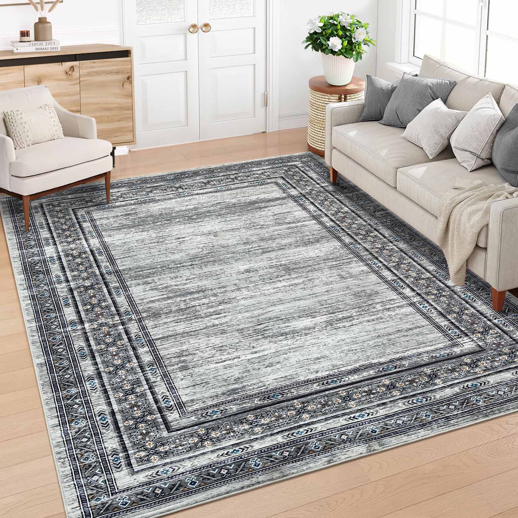 Garvee YXY-LO-PHO-16KH3YGV 9 x 12 (ft) Loomed Polyester Grayish Green Rectangular Indoor Geometric Vintage Machine washable Area rug