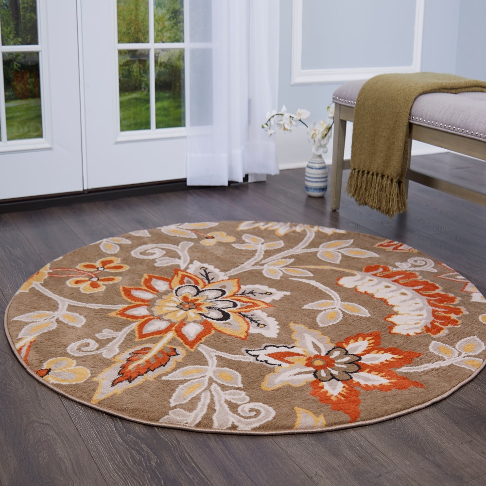 Home Dynamix 3R-HD5019-26 Tremont Teaneck 3 x 3 (ft) Loomed Polypropylene Taupe Round Indoor Floral/Botanical Farmhouse/Cottage Area rug