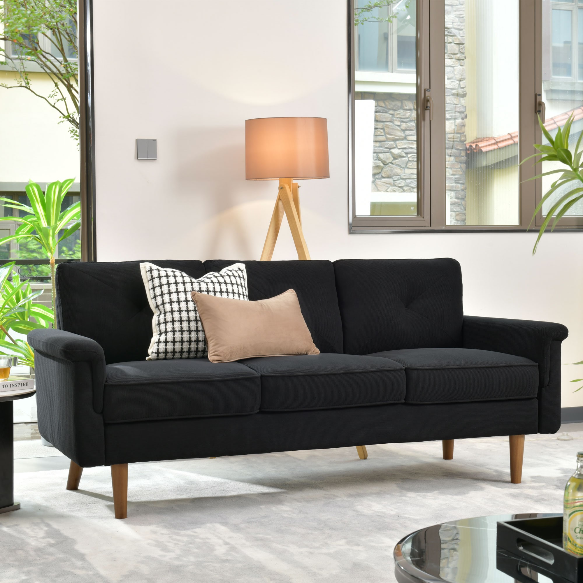 Ovios ONOP550 71.65-Inches Modern Black 3 -seater Sofa