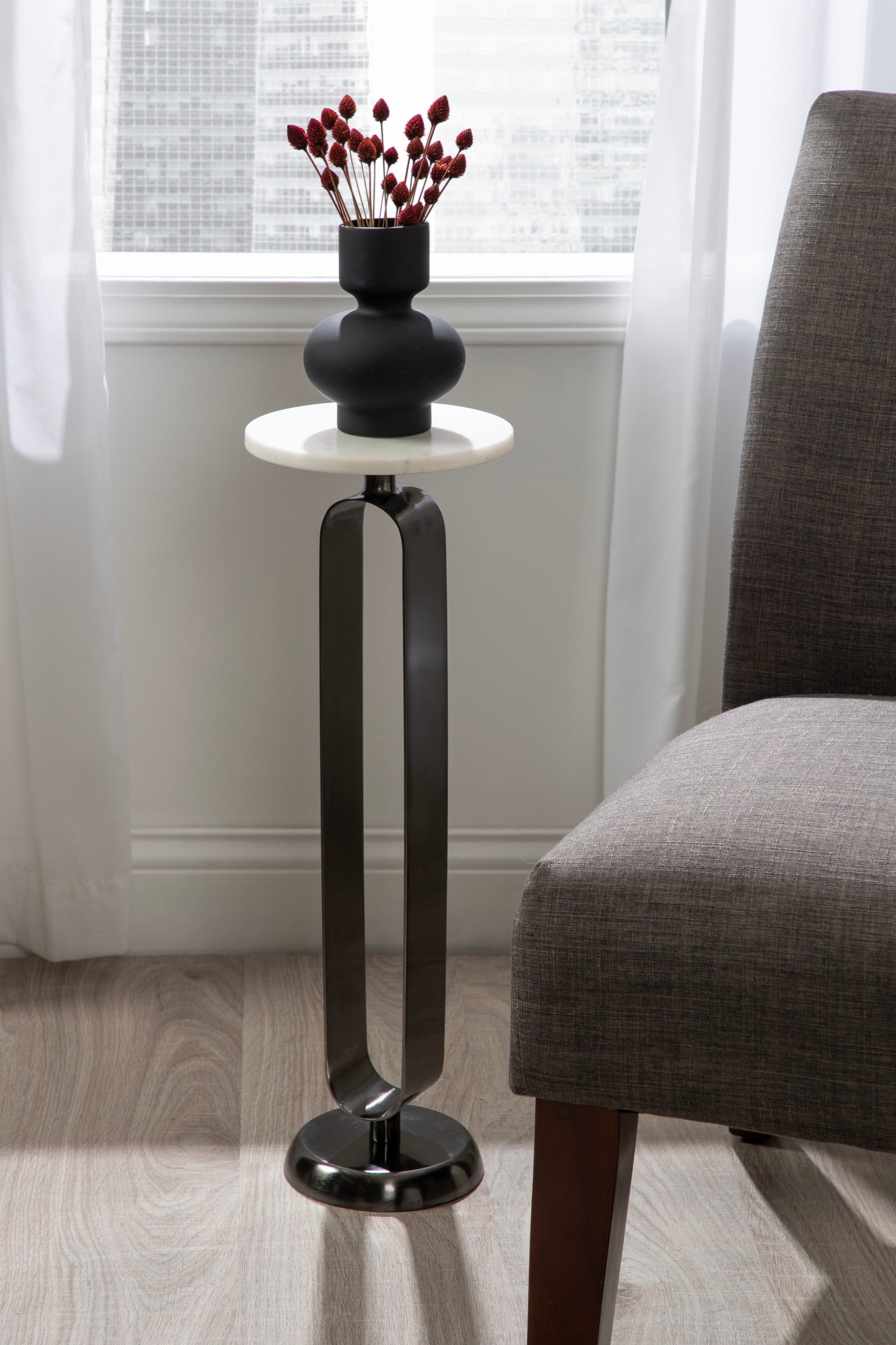 Helio 24" Round White Marble and Pewter Drink Table