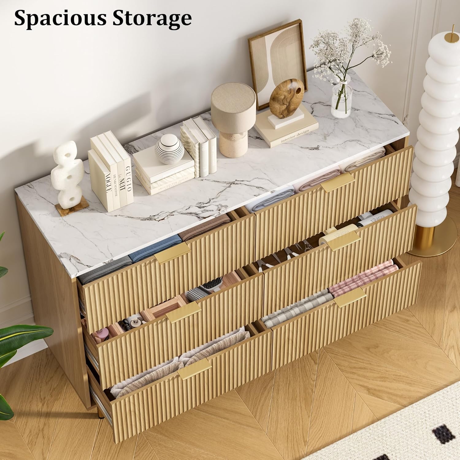 Garvee 6 Drawer Fluted Dresser 47 Inch Wide Modern Wooden Double Chest ...