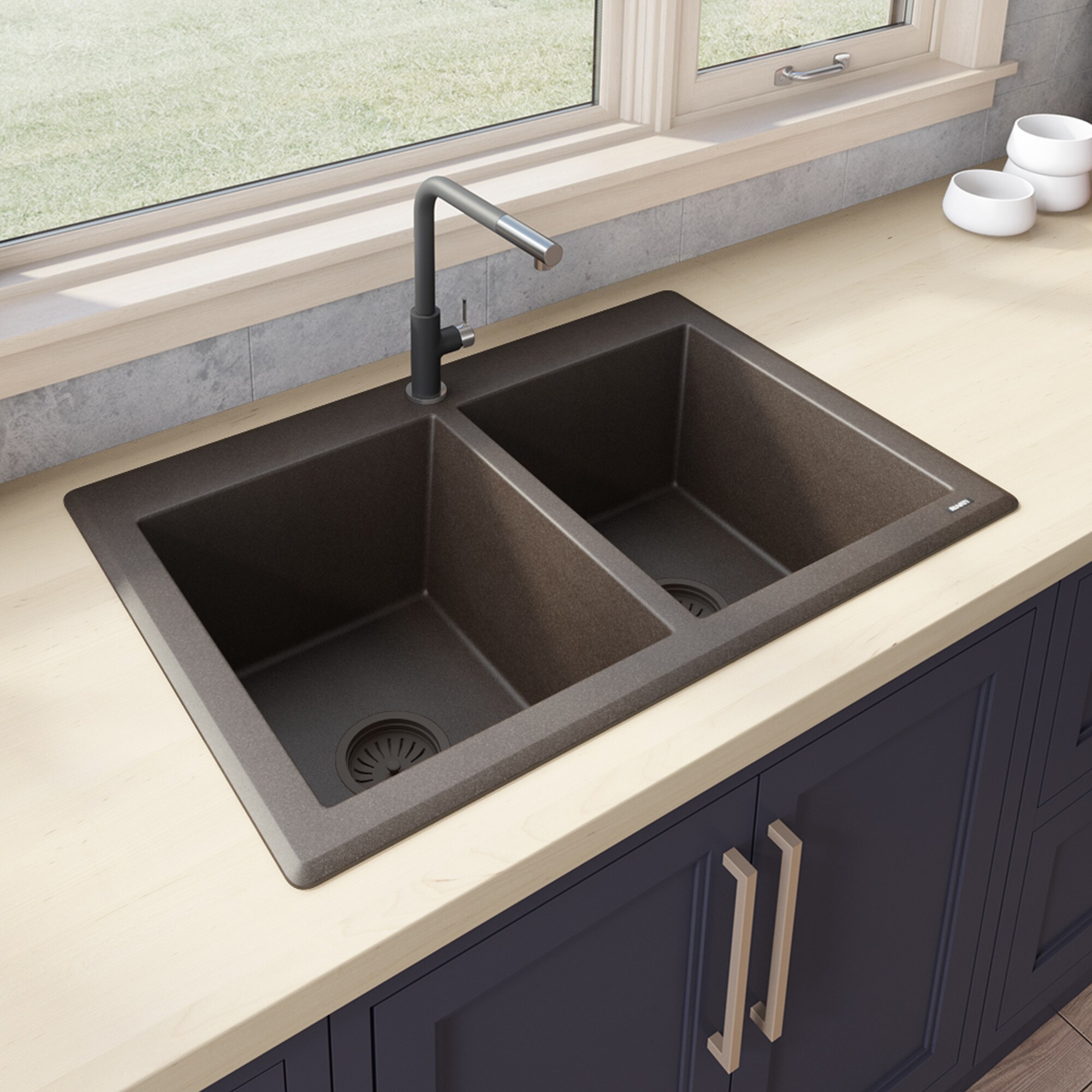 Espresso Brown Granite Composite Double Bowl Drop-in Sink