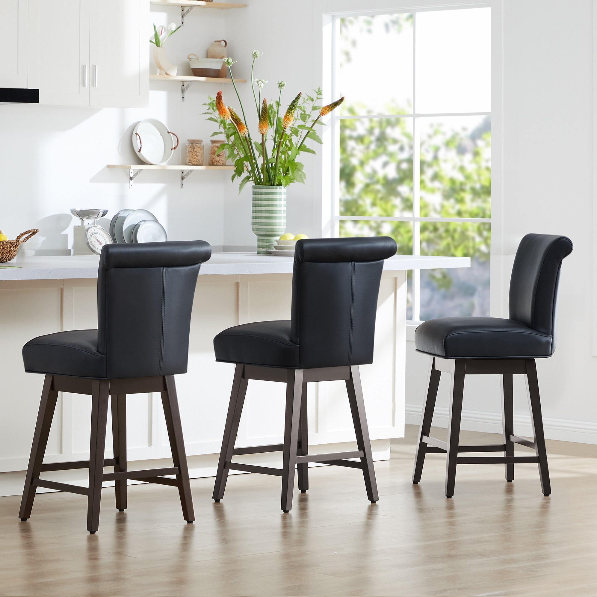 Circle 55 3-LWSY606D-PU223 3 -Set Black 26-in H Counter height Square seat Upholstered Swivel Wood Bar Stool and Back