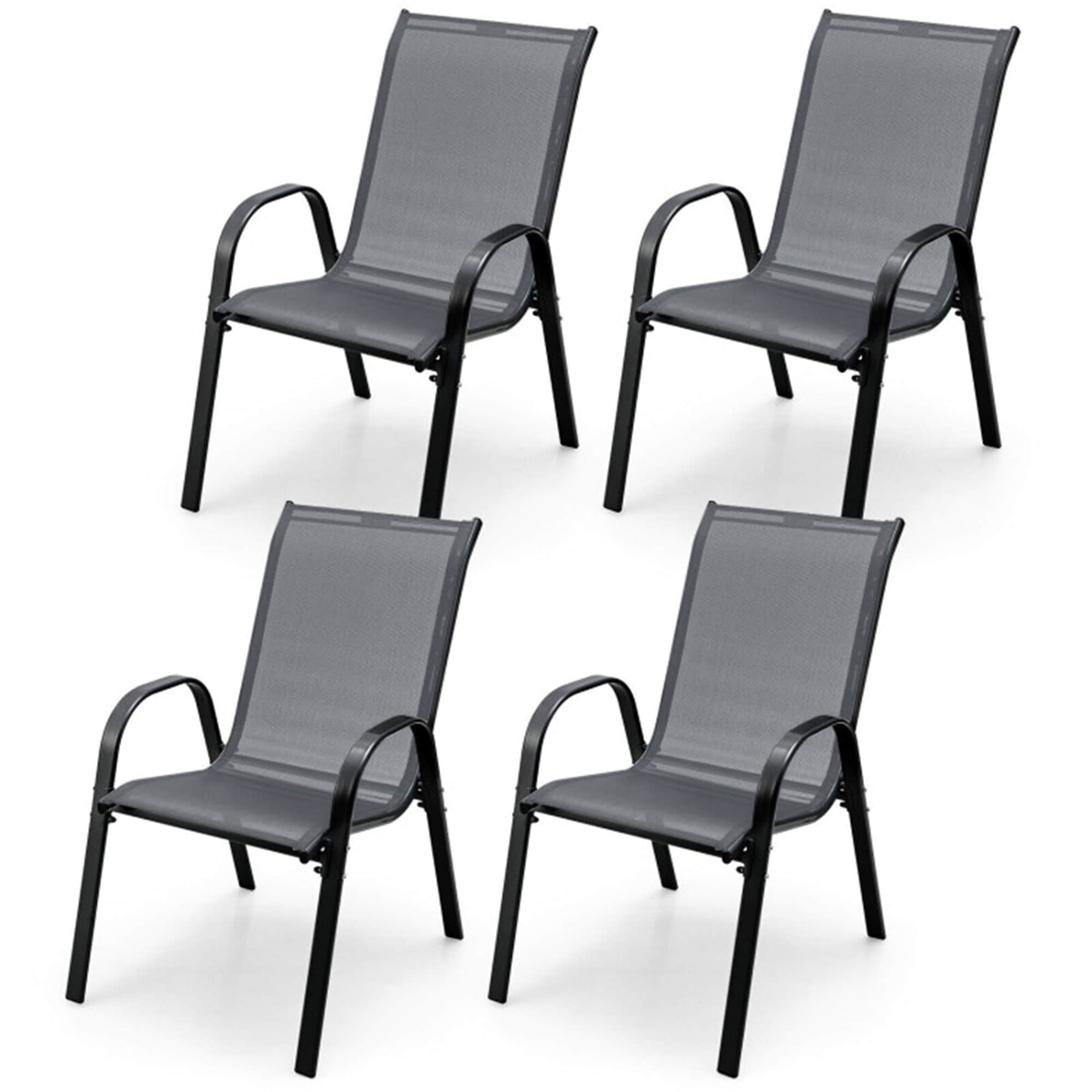 BABOOM BOM-OP3934-CO Stackable Patio Dining Chairs Set of 4 Stackable Black Steel Frame Stationary Conversation Chair with Gray Fabric Sling Seat