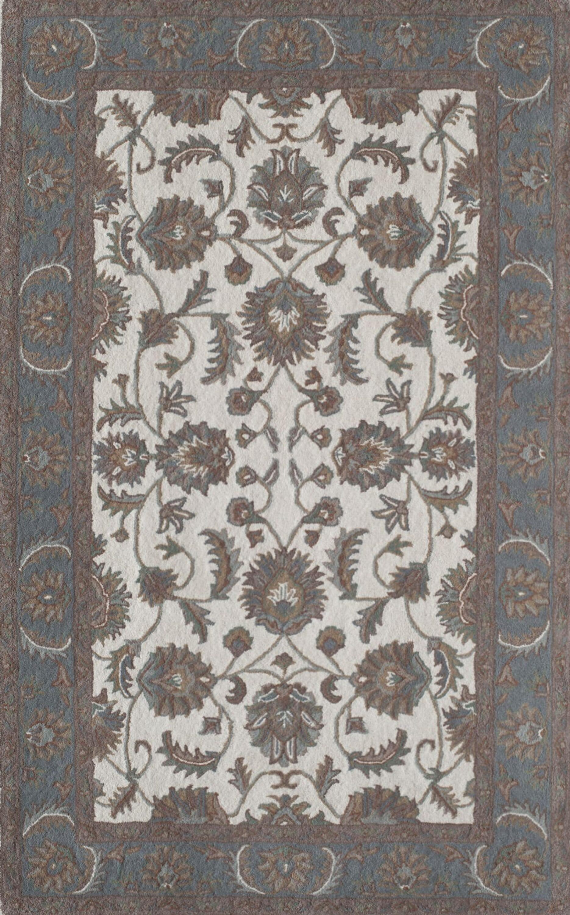 Ivory and Light Blue Handmade Wool Oriental Rug, 2' x 4'