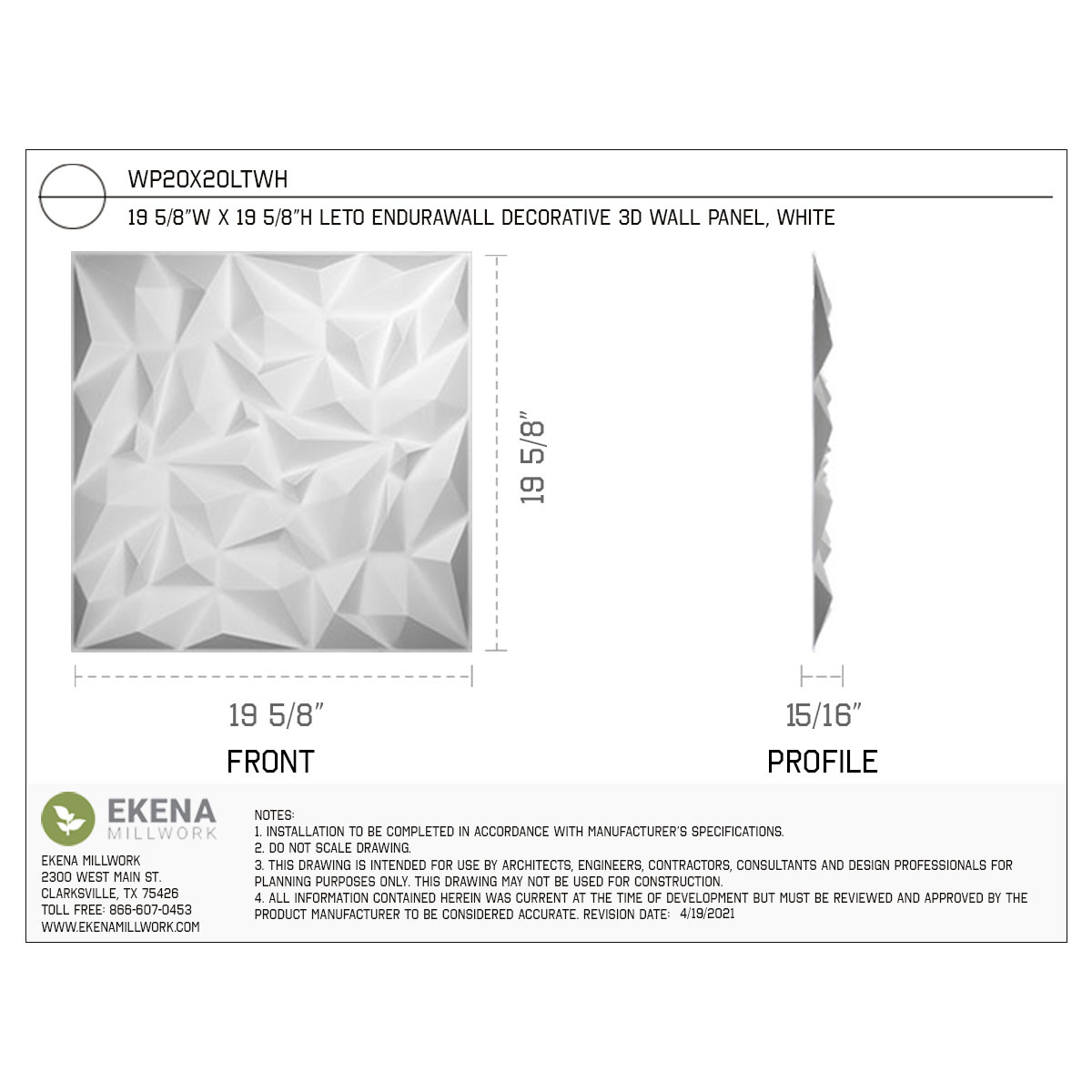 Ekena Millwork WP20X20LTWH-CASE-20 Wall-Panels - View #2