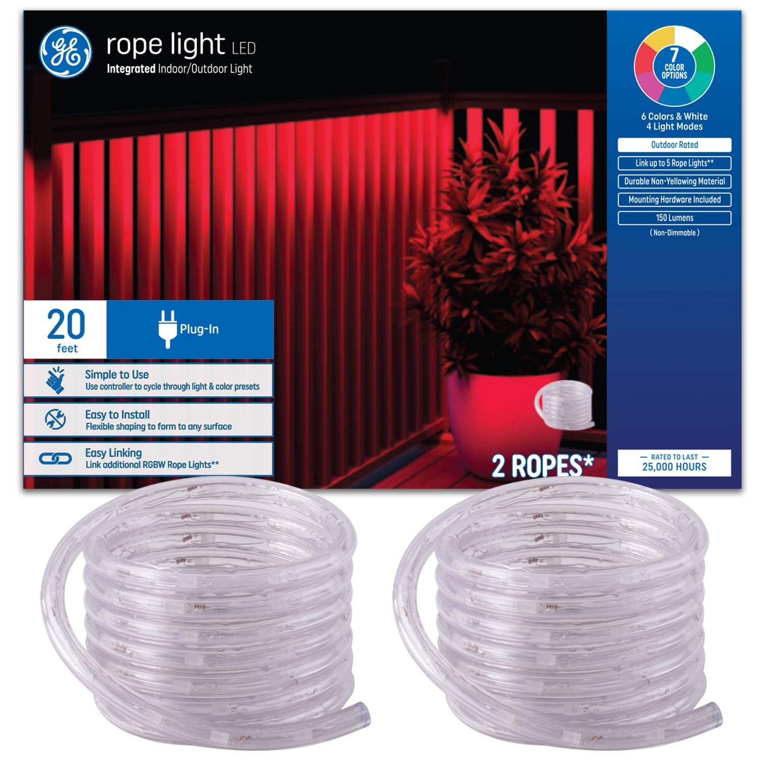 GE Outdoor 20-ft LED Multicolor Rope Light in the Rope Lights department at 