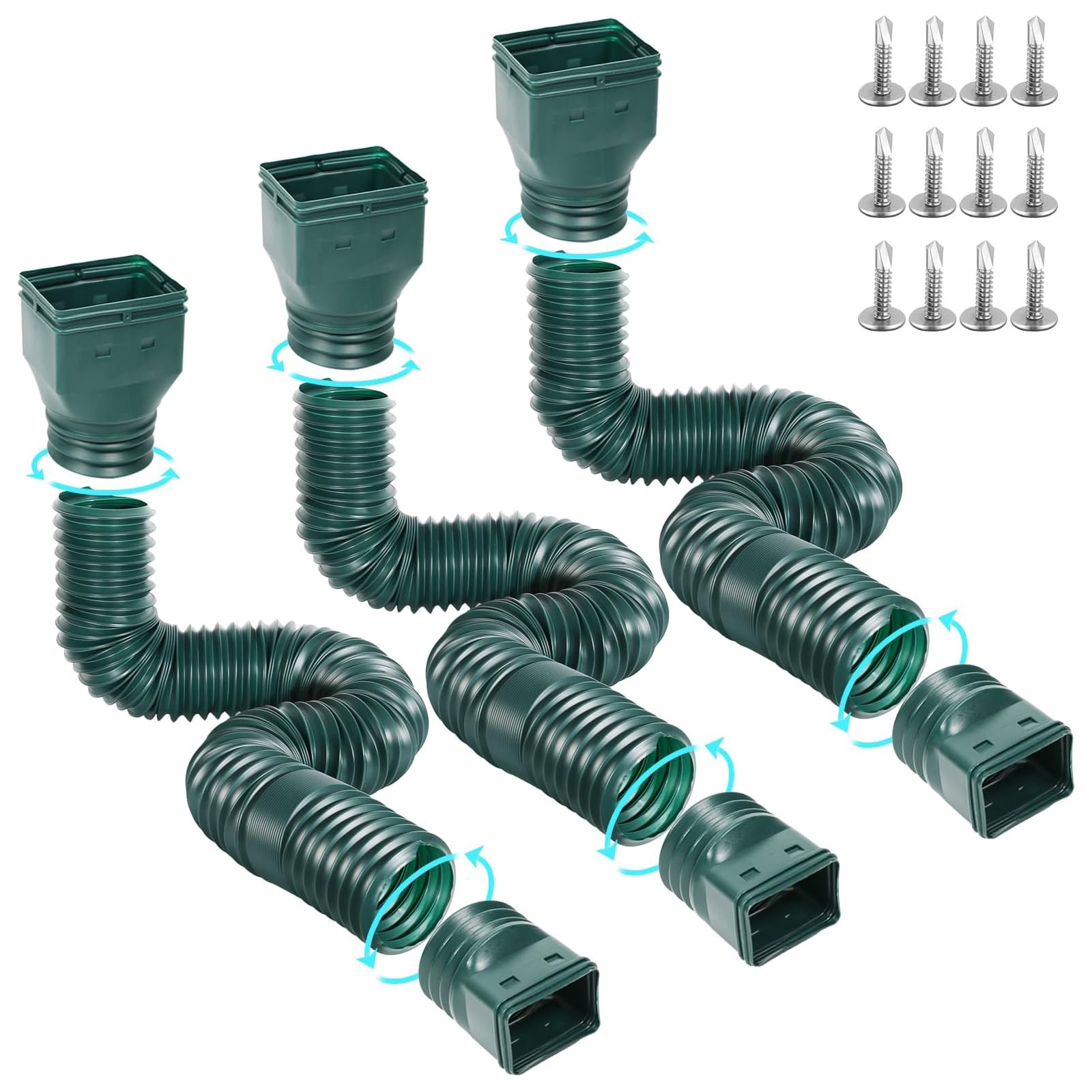 Misopily 3 Pack Flexible Gutter Downspout Extensions Extendable 21 to 67 Inch Includes Adapters Fits 2x3 3x3 3x4 Inch Downspouts Green