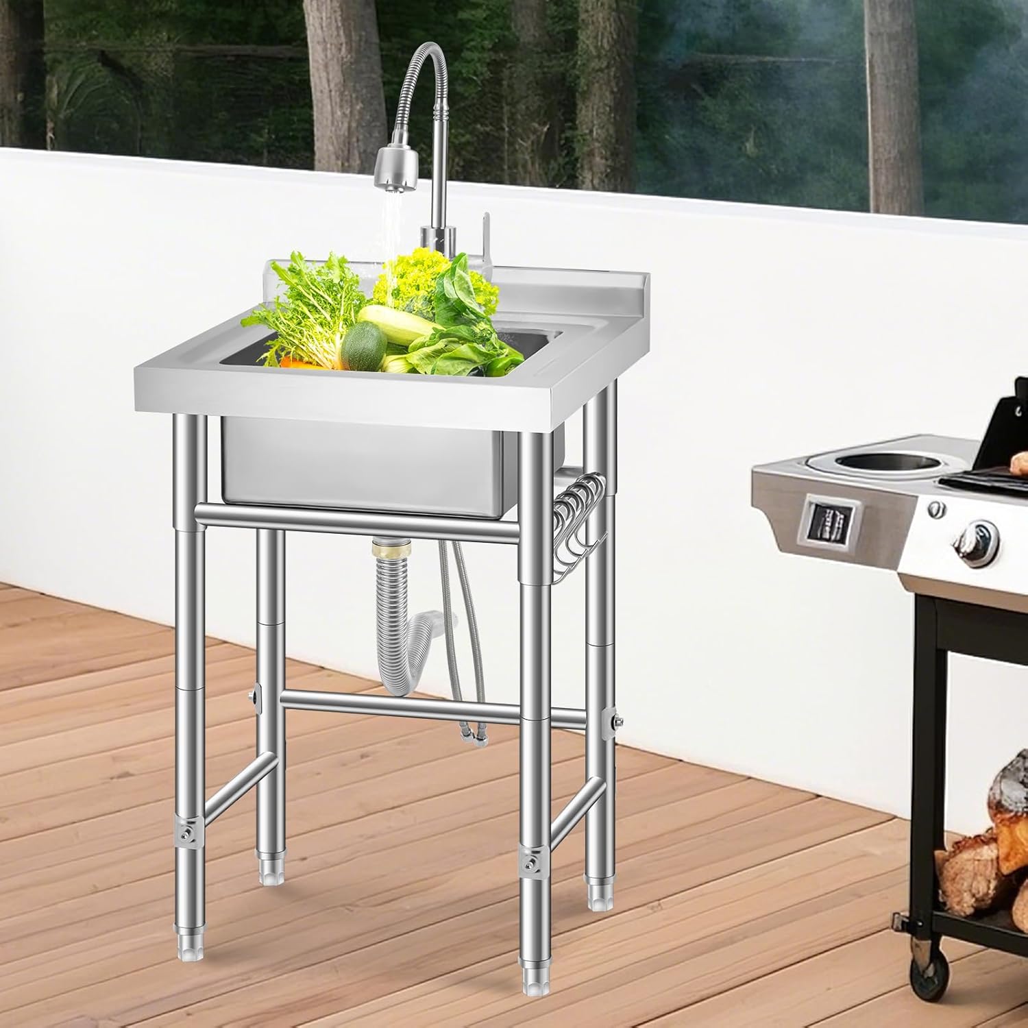 IdealHouse Freestanding Stainless Steel Utility Laundry Sink/ with 360 degrees Rotating Pull-Out Faucet/ Rust-Resistant/ Storage Shelf and Adjustable Feet - for Kitchen/ Outdoor
