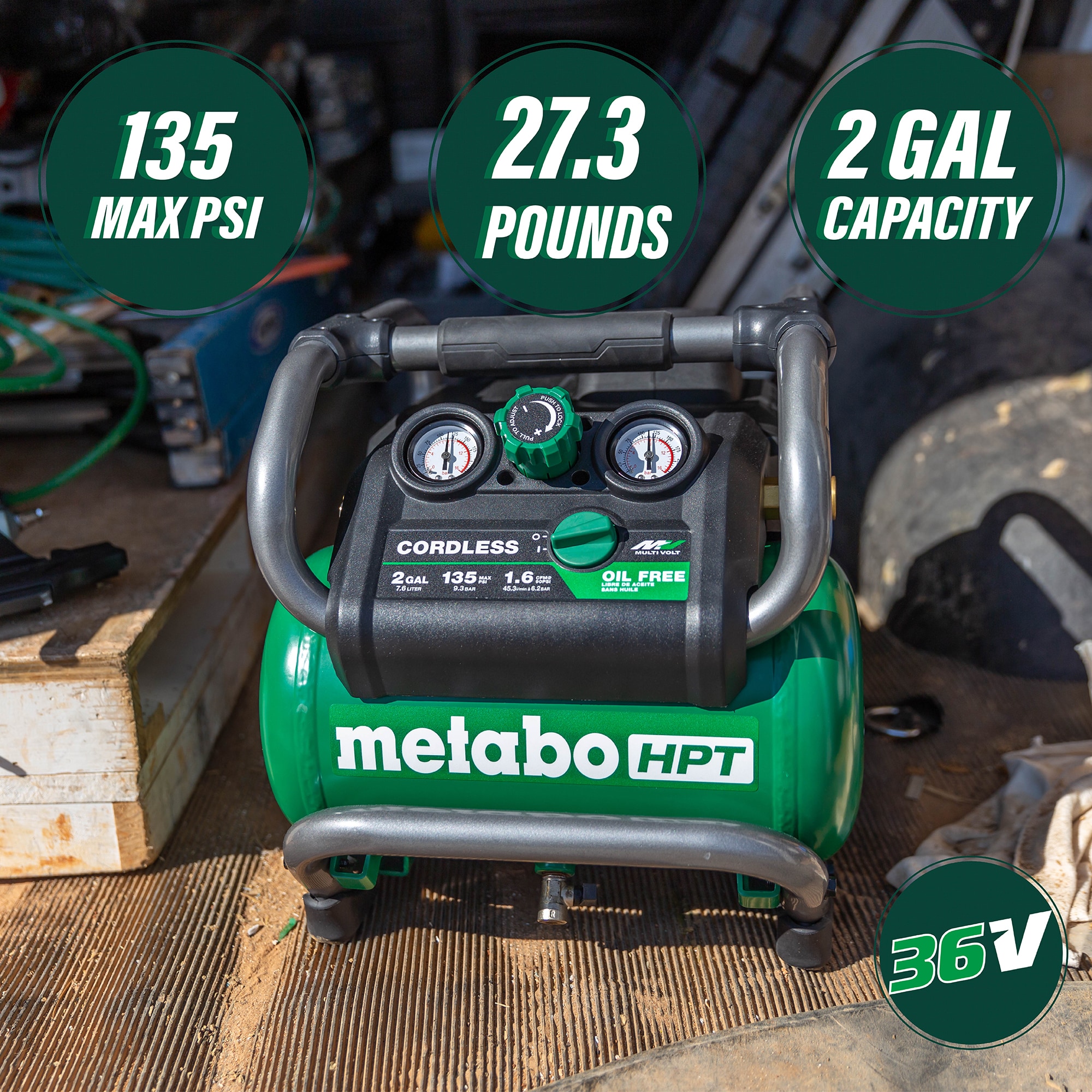 Metabo HPT MultiVolt 2-Gallon Portable Electric Cordless 135 PSI Hot Dog Air Compressor EC36DAQ4M Sansujyuku sansujyuku.com