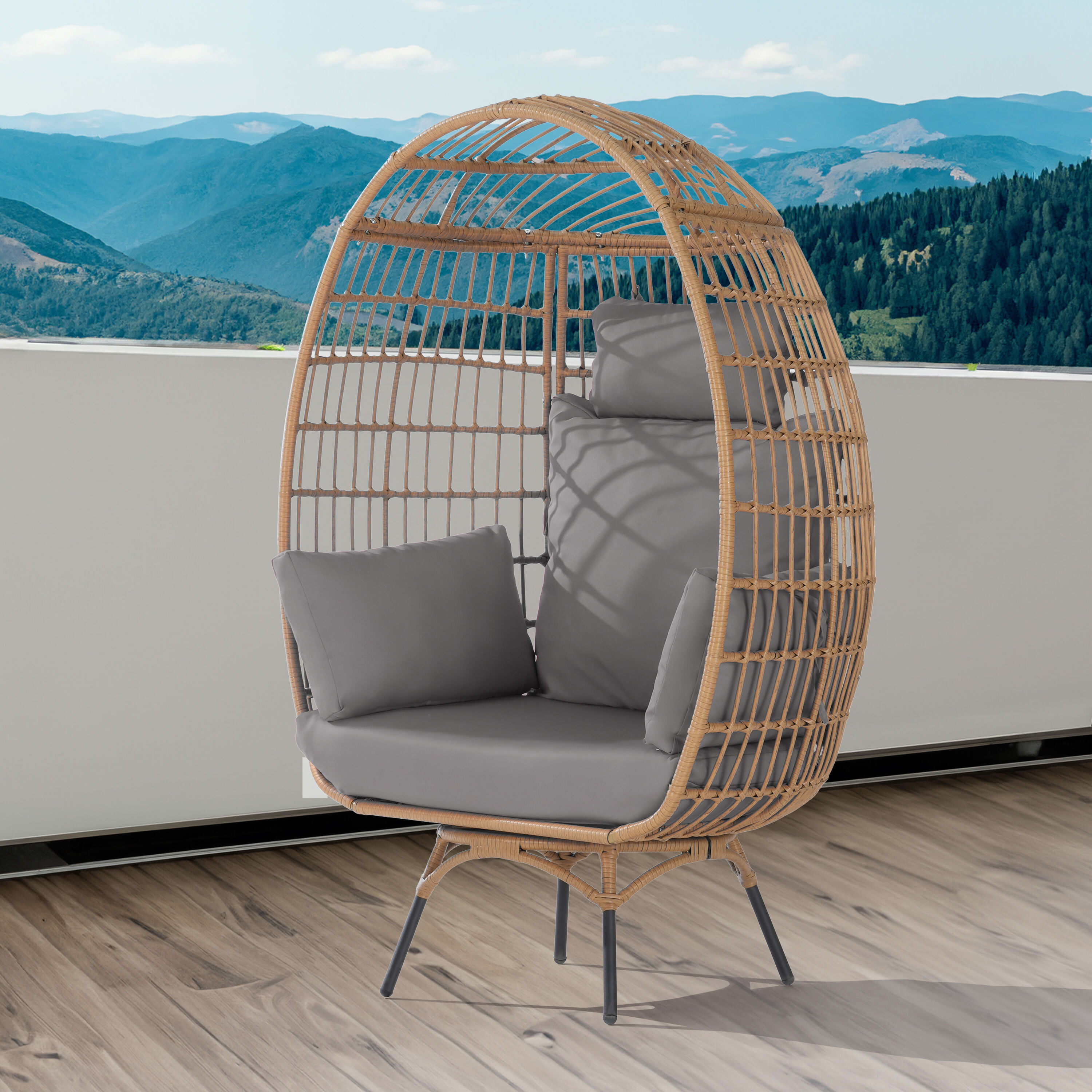 SANSTAR L-JDC53LYV2 Egg chair Wicker Woodgrain Wicker Frame Stationary Conversation Chair with Gray Cushioned Seat
