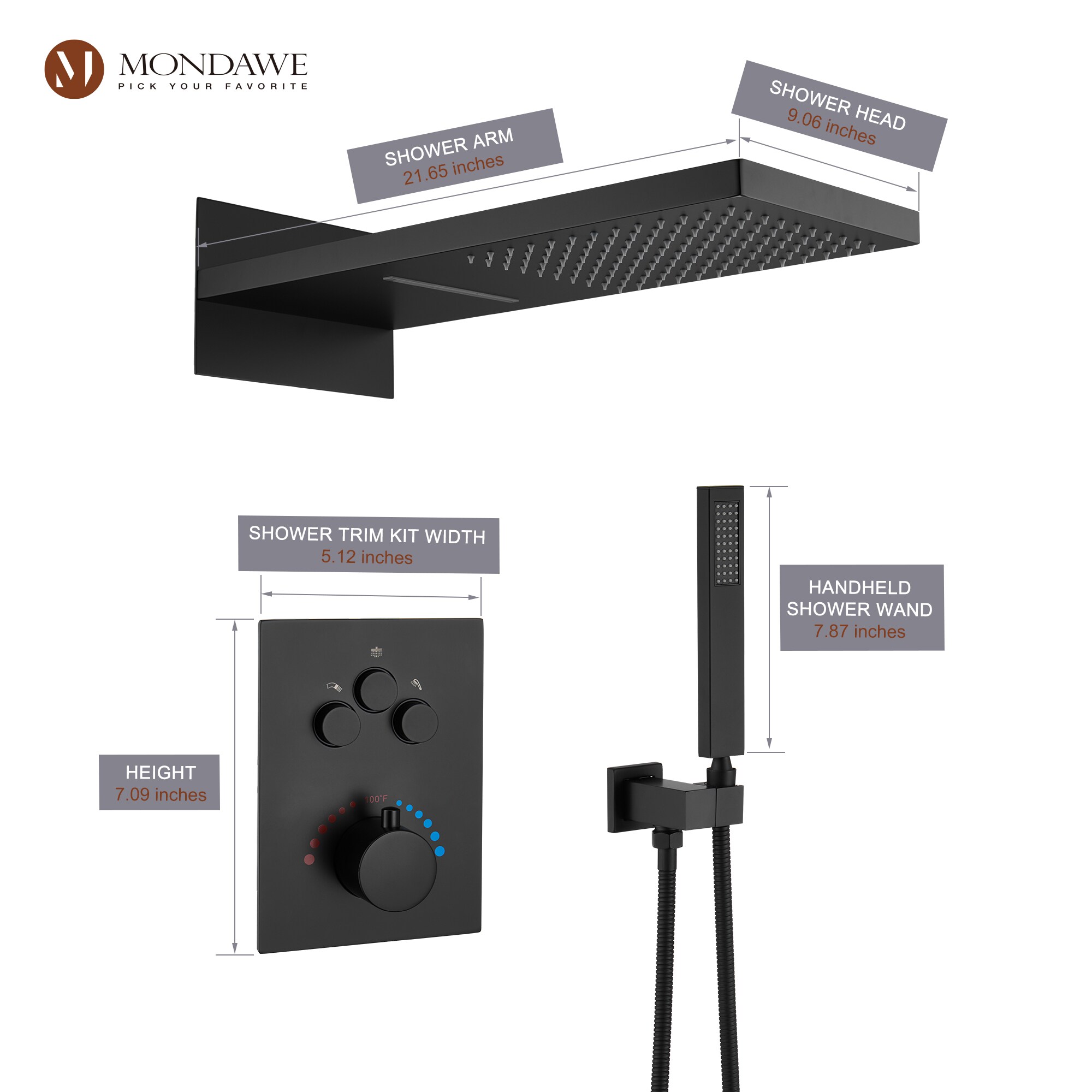 Mondawe WF6648-22BL Showerhead-Bar-Panels - View #8