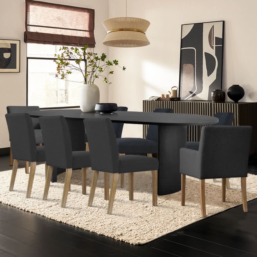 Maison Boucle DWEN-BK+NORTH-BLACK6 7 Piece Oval Dining Table Set with 79 Inch Table 4 Upholstered Chairs 2 Armchairs for Kitchen