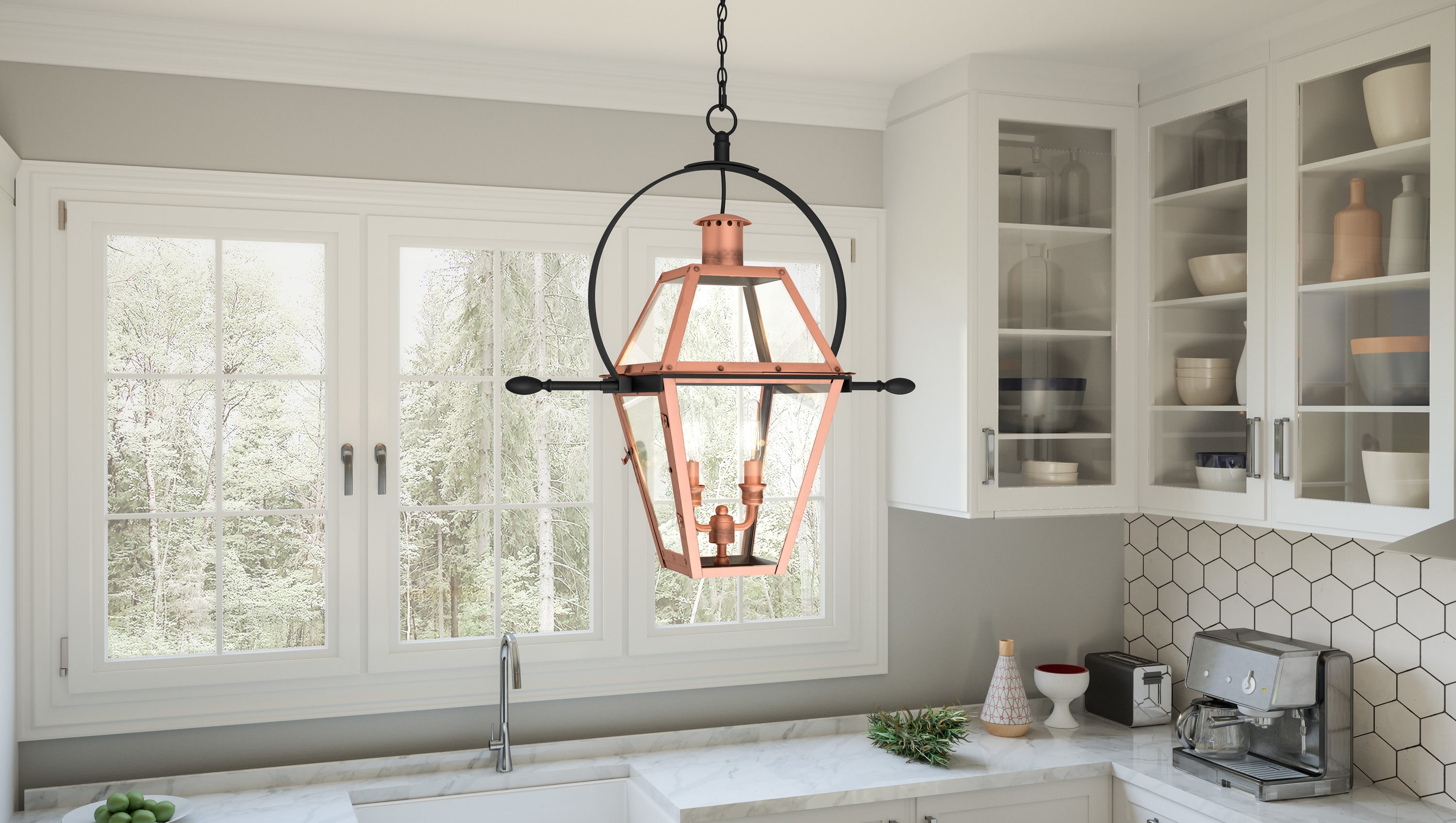 Charleston N Series Copper Gas or Electric Yoke Mounted Hanging Lantern