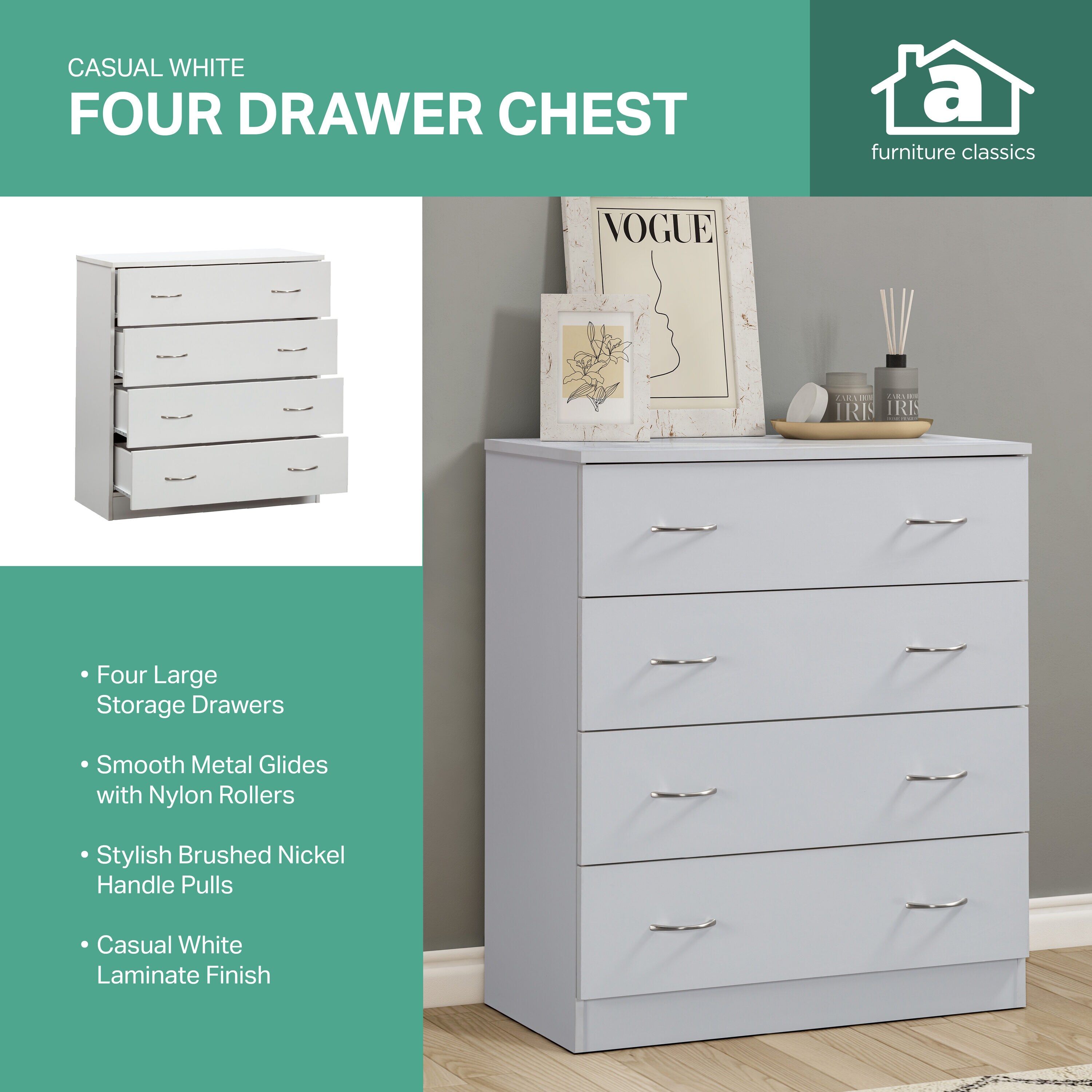 OSHOME OS Home and Office Furniture Model 6003 Four Drawer Chest in White