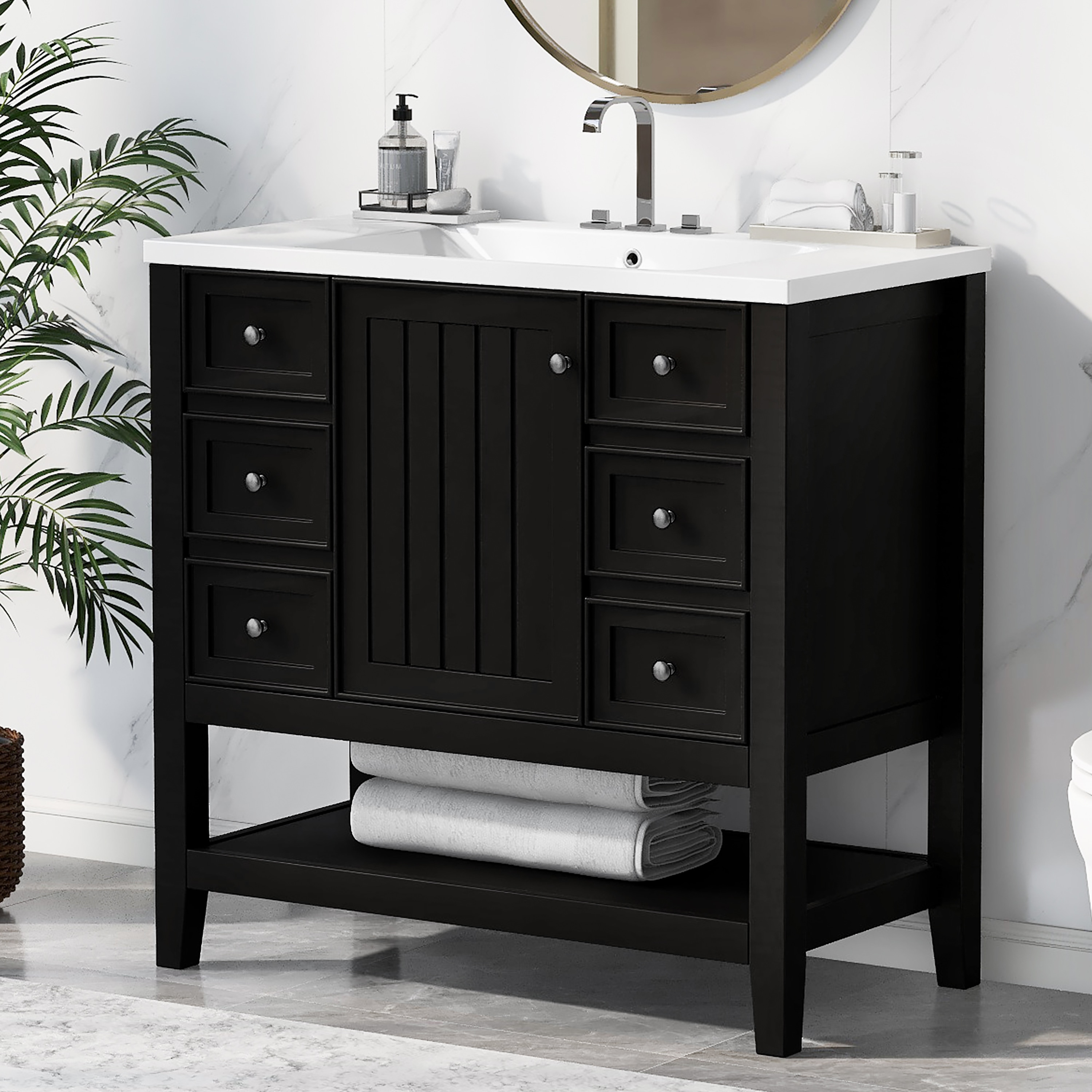 CASAINC - 36-in Black Undermount Single Sink Bathroom Vanity with White Ceramic Top