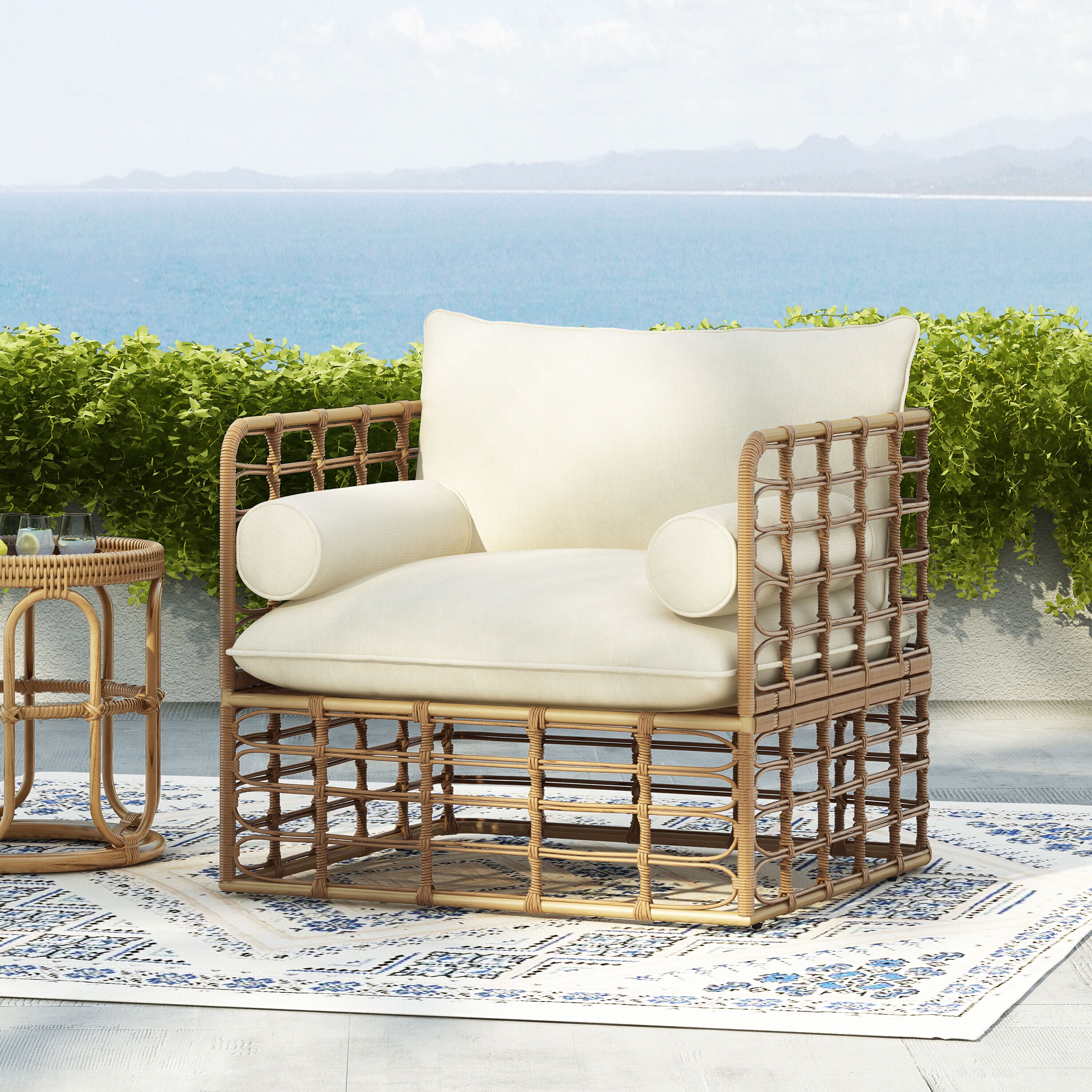 Best Selling Home Decor 319510 Bota Rattan Light Brown Iron Frame Stationary Conversation Chair with White Cushioned Seat