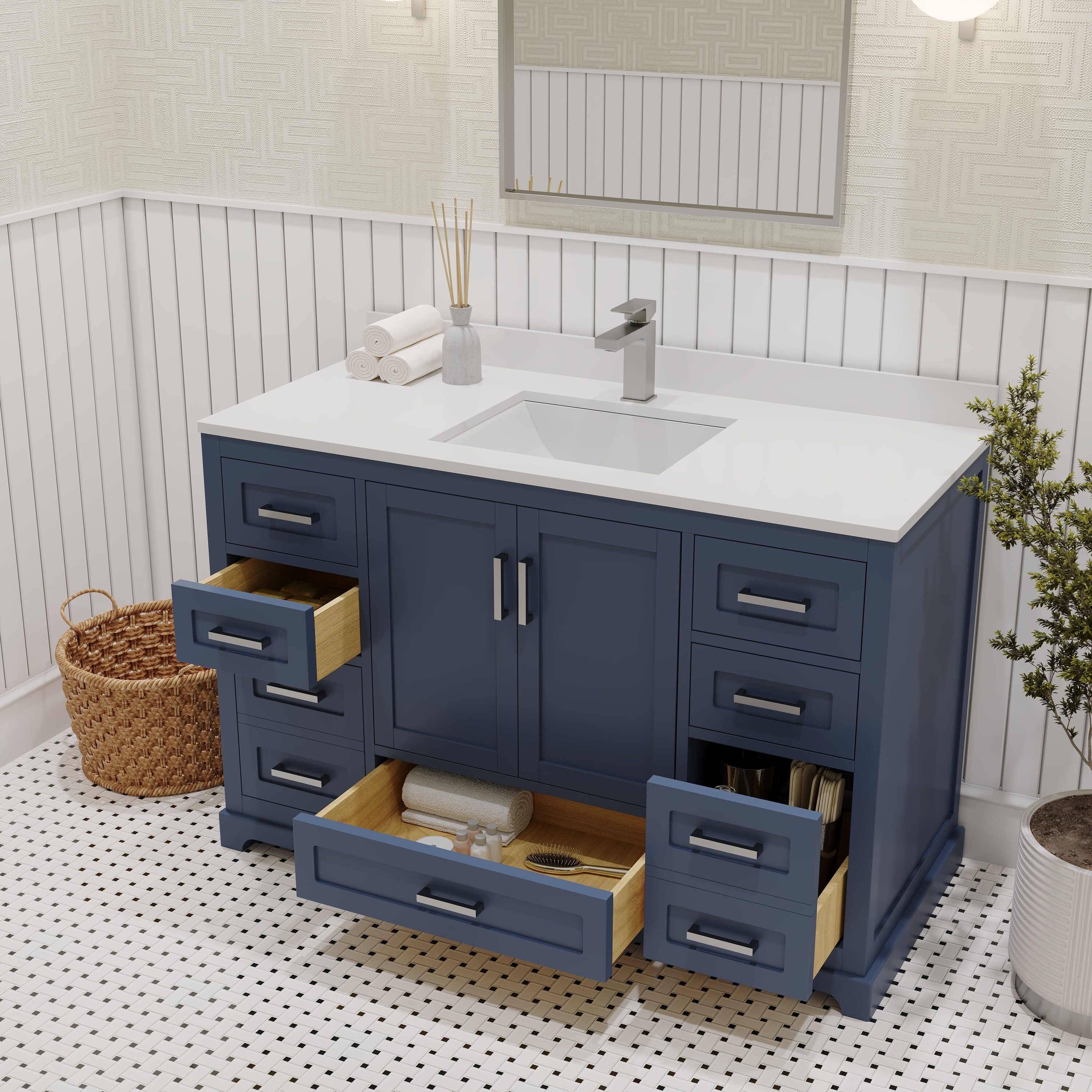 Navy Blue Solid Pine Double Bathroom Vanity Base