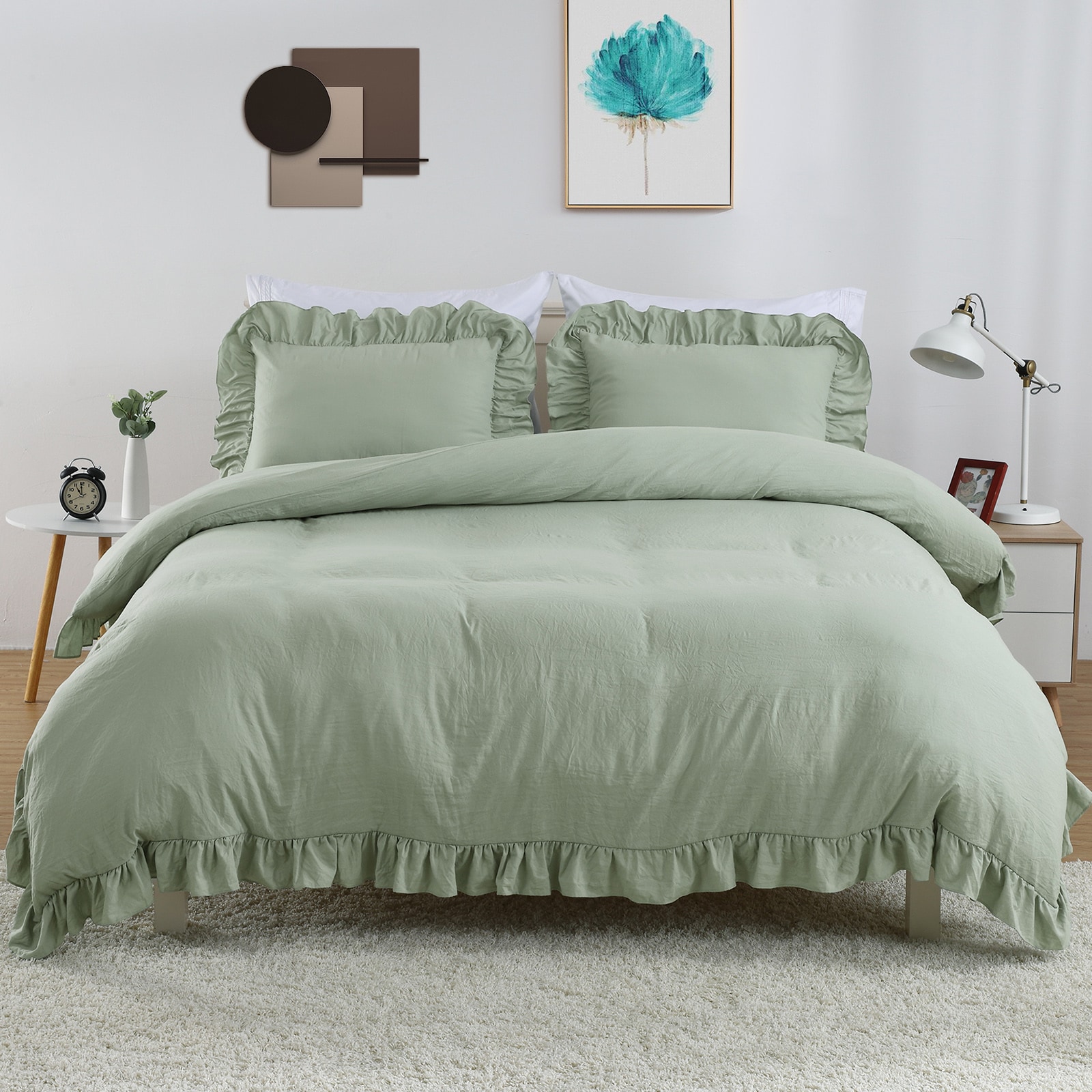 Garvee Green Polyester Ruffled Duvet Cover Set Twin Size 68 by 90 Inch with Hidden Buttons and Corner Ties #RLBCF4WG3RKRCU1