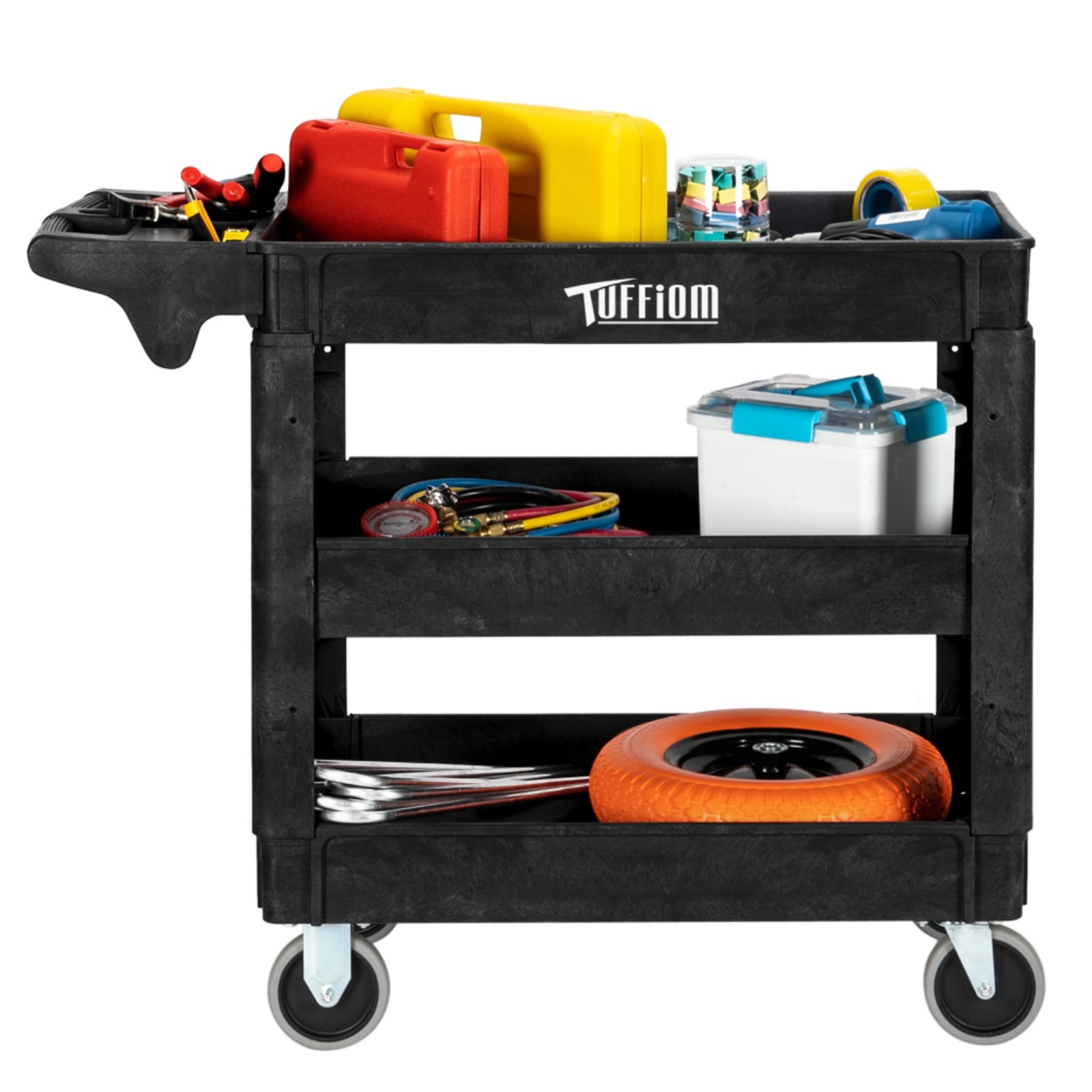 TUFFIOM 3-Tier Plastic Utility Cart with 550lbs Capacity Multipurpose Rolling Storage Organizer for Warehouse Garage Dark Gray