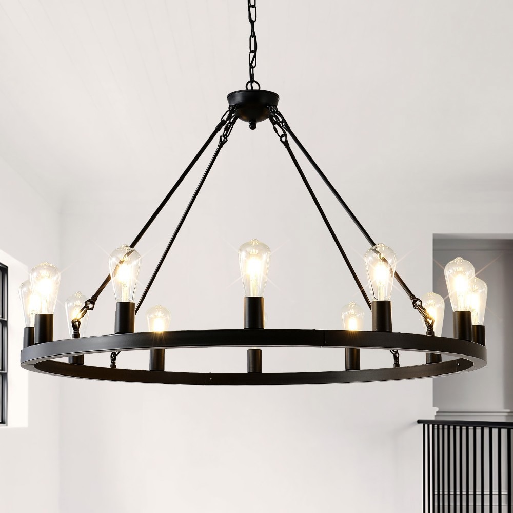Basdien 39 in Matte Black Extra Large Wagon Wheel Chandelier 12 Light Bulbs Not Included E26 Base Farmhouse Industrial for Outdoor Porch Foyer Dining Room Living Room High Ceiling Adjustable Height 3 Chains Easy Install Home Decor Rustic