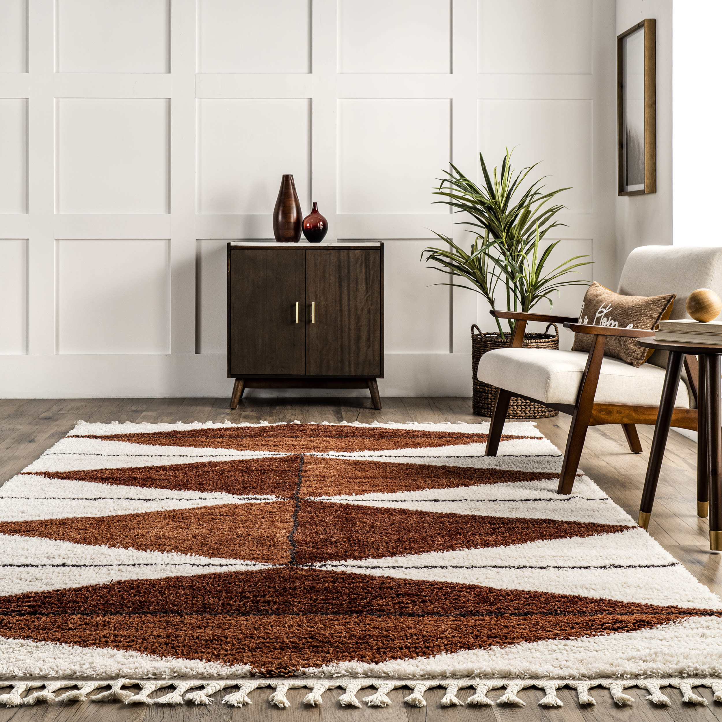 Rust and Ivory Geometric Shag 8' x 10' Synthetic Area Rug