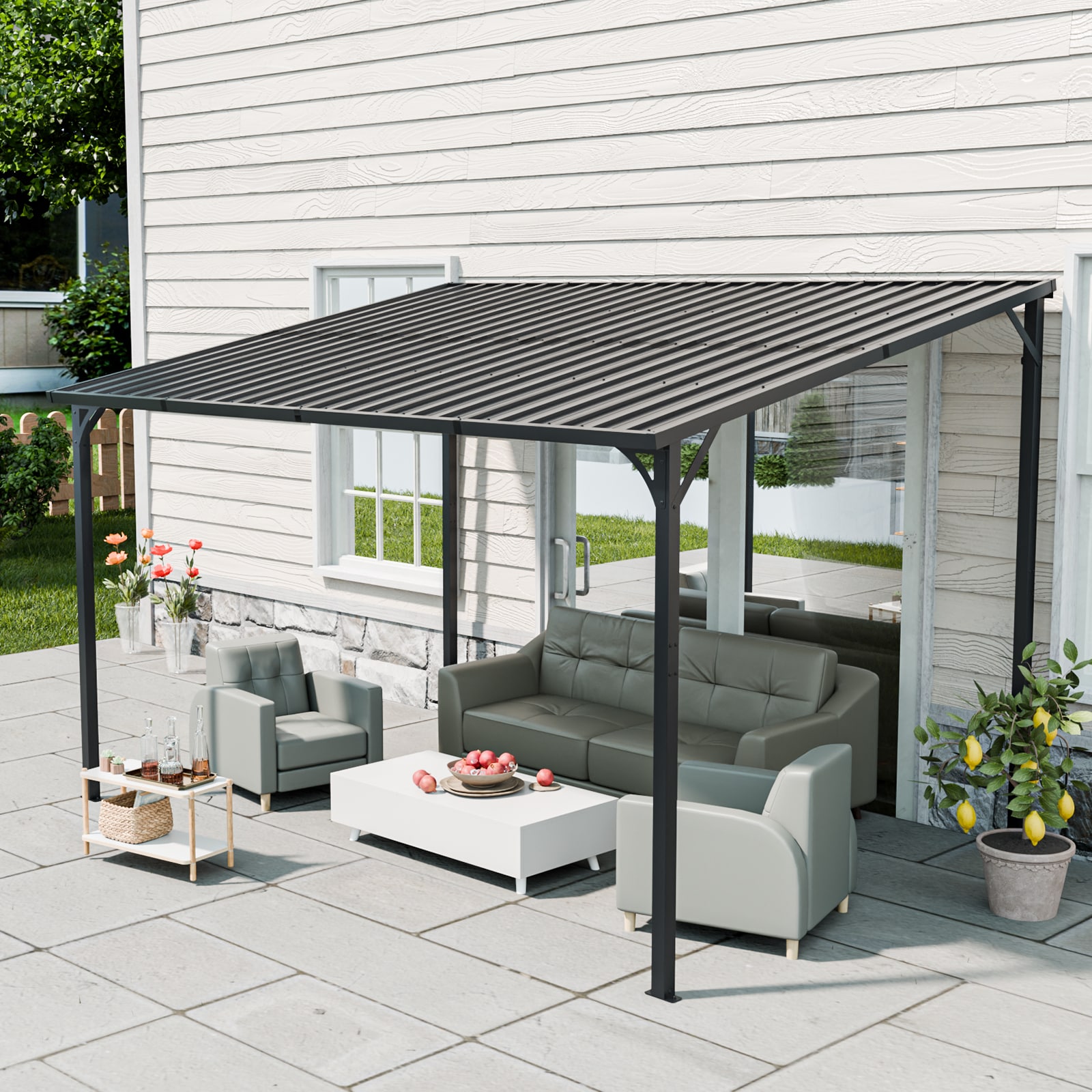 Misty Moon 12ft W x9ft D Black Wall Mounted Galvanized Steel Lean To Pergola Sloped Waterproof Metal Roof Heavy Duty Weather Resistant Outdoor Patio Garden Backyard Shelter For Barbecue Family Gatherings Pergolas