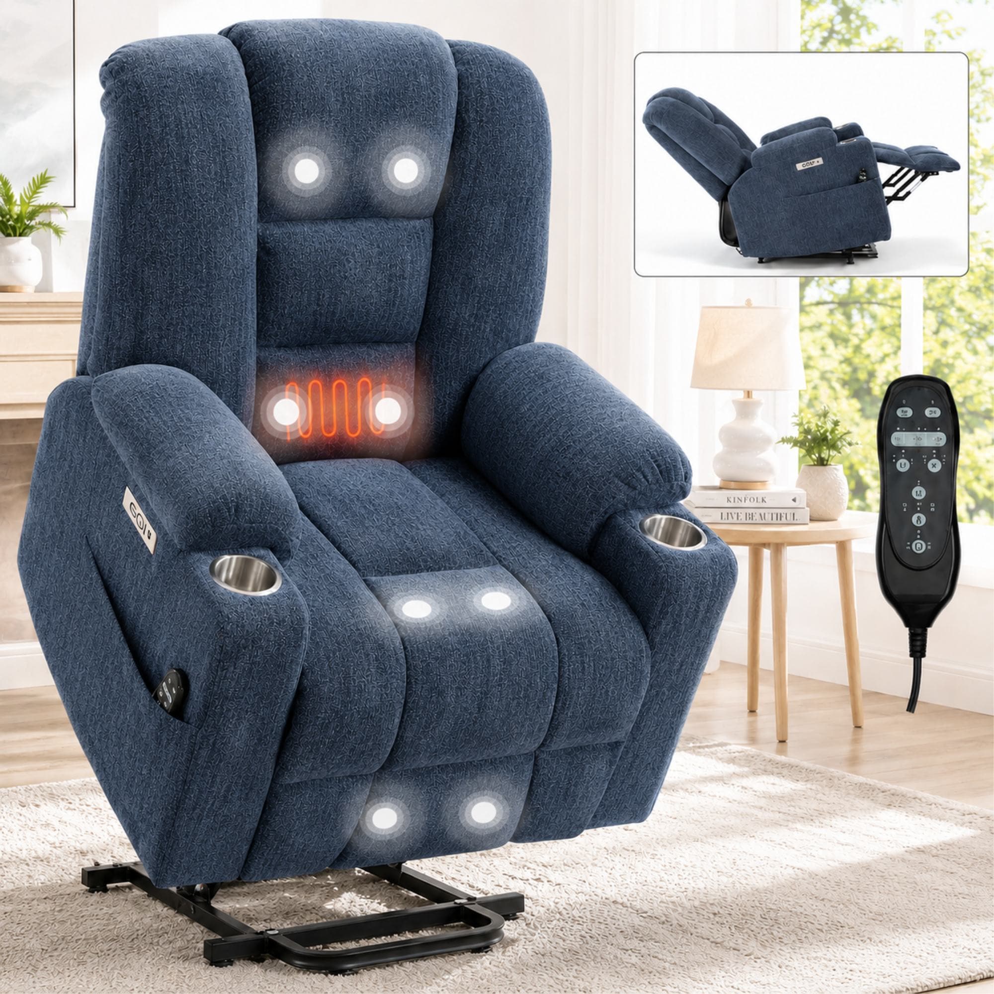 GZMR Large Power Lift Recliner with Massage and Heat Blue Chenille Upholstered Powered Reclining Stationary Infinite-position with Lift Assistance