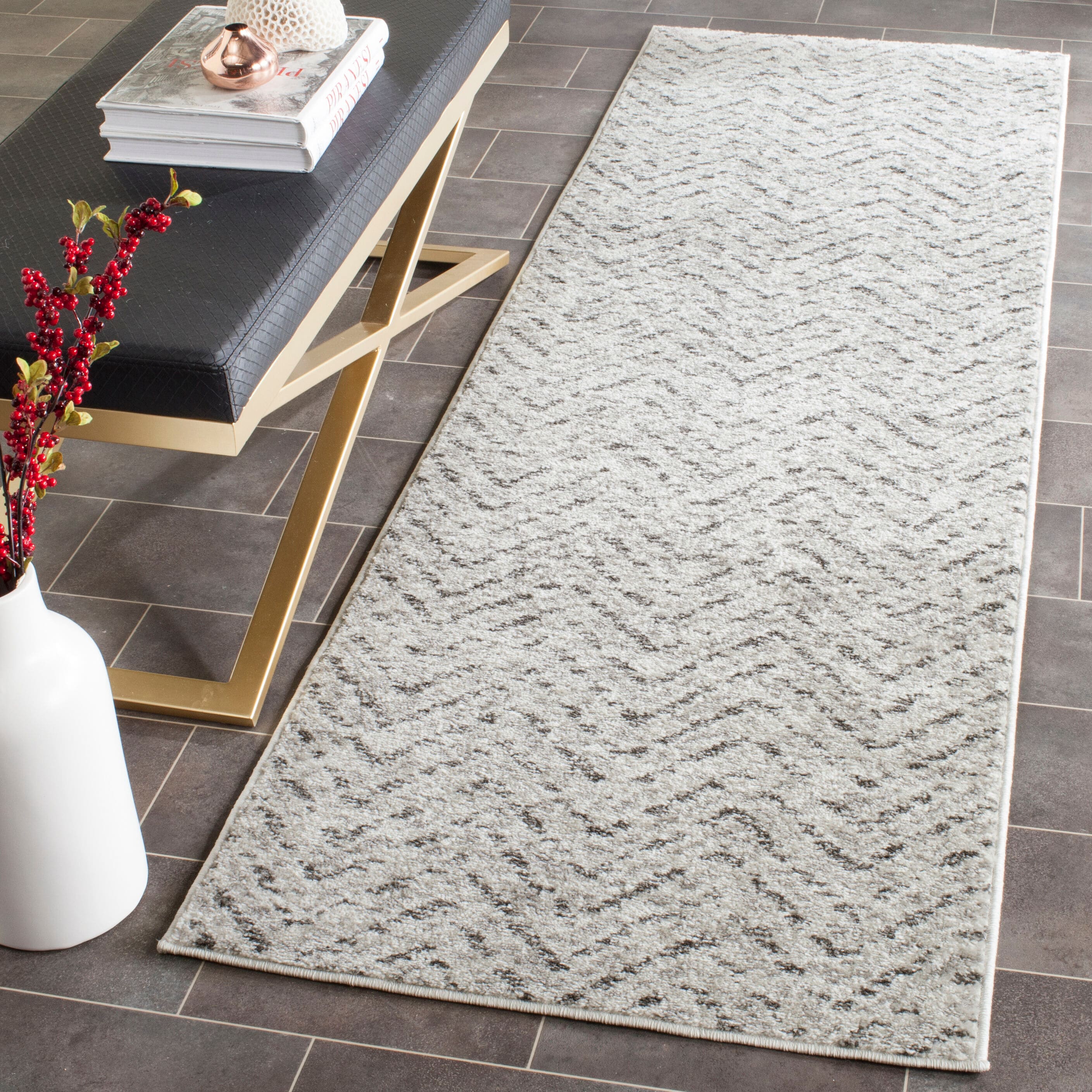 Chic Ivory & Charcoal Synthetic Reversible 2'6" x 12' Runner Rug