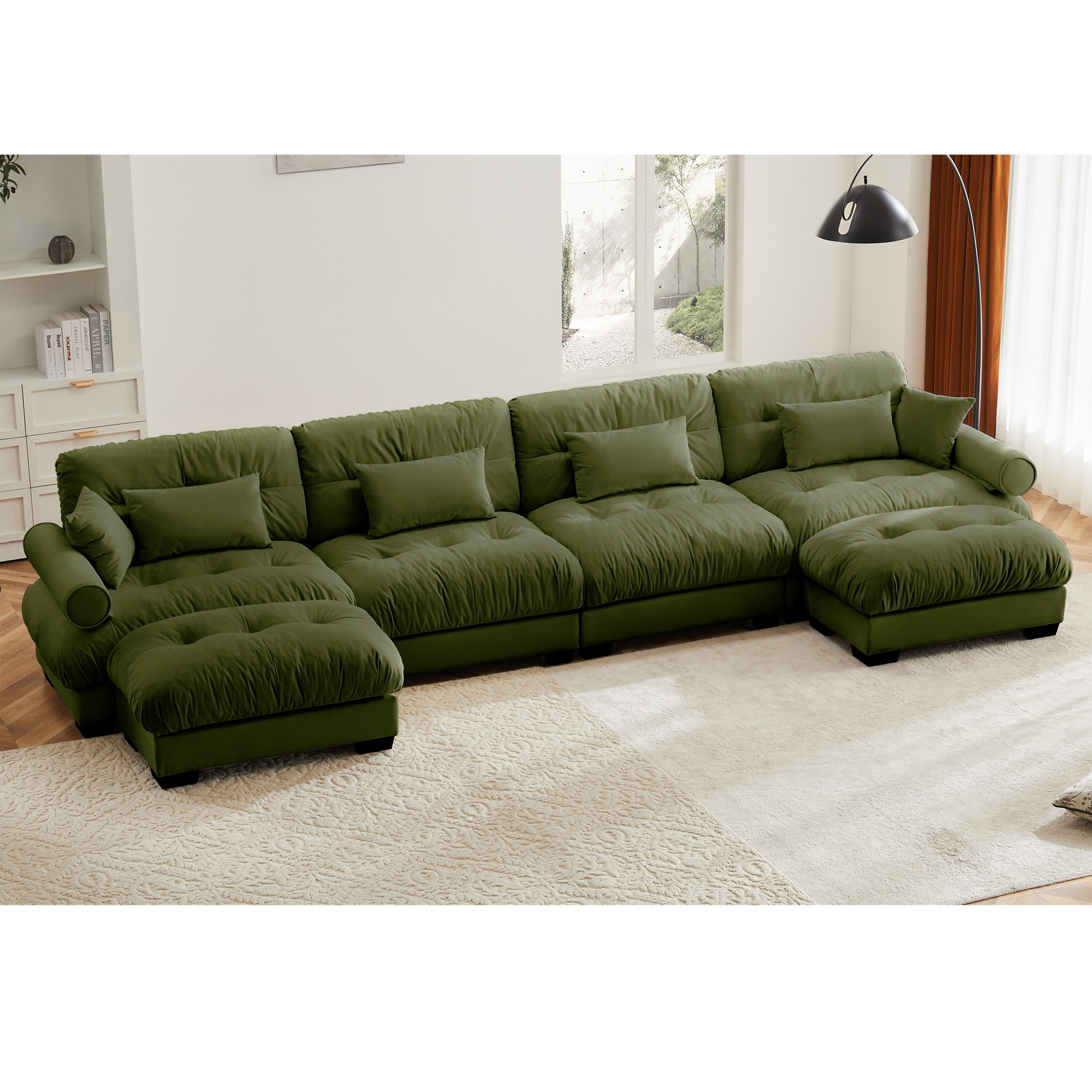 GDFStudio 322810 Azura Vintage Velvet 4 Seater Sectional Sofa with 2 Movable Ottomans and Pillows