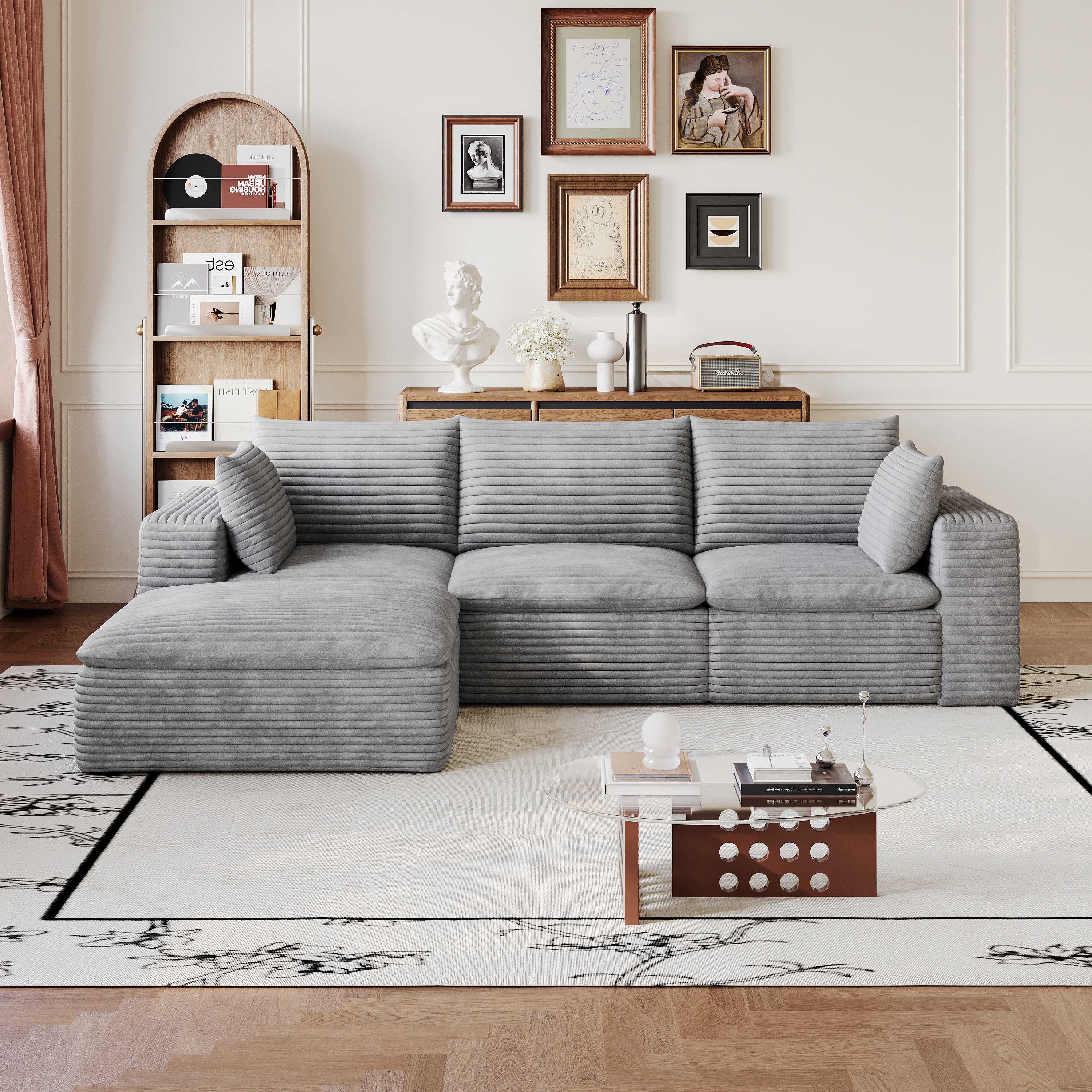 Horizons Prime 102 inch Grey Corduroy Fabric Deep Seat Cloud Sofa with Double-layer Design and Removable Cushion