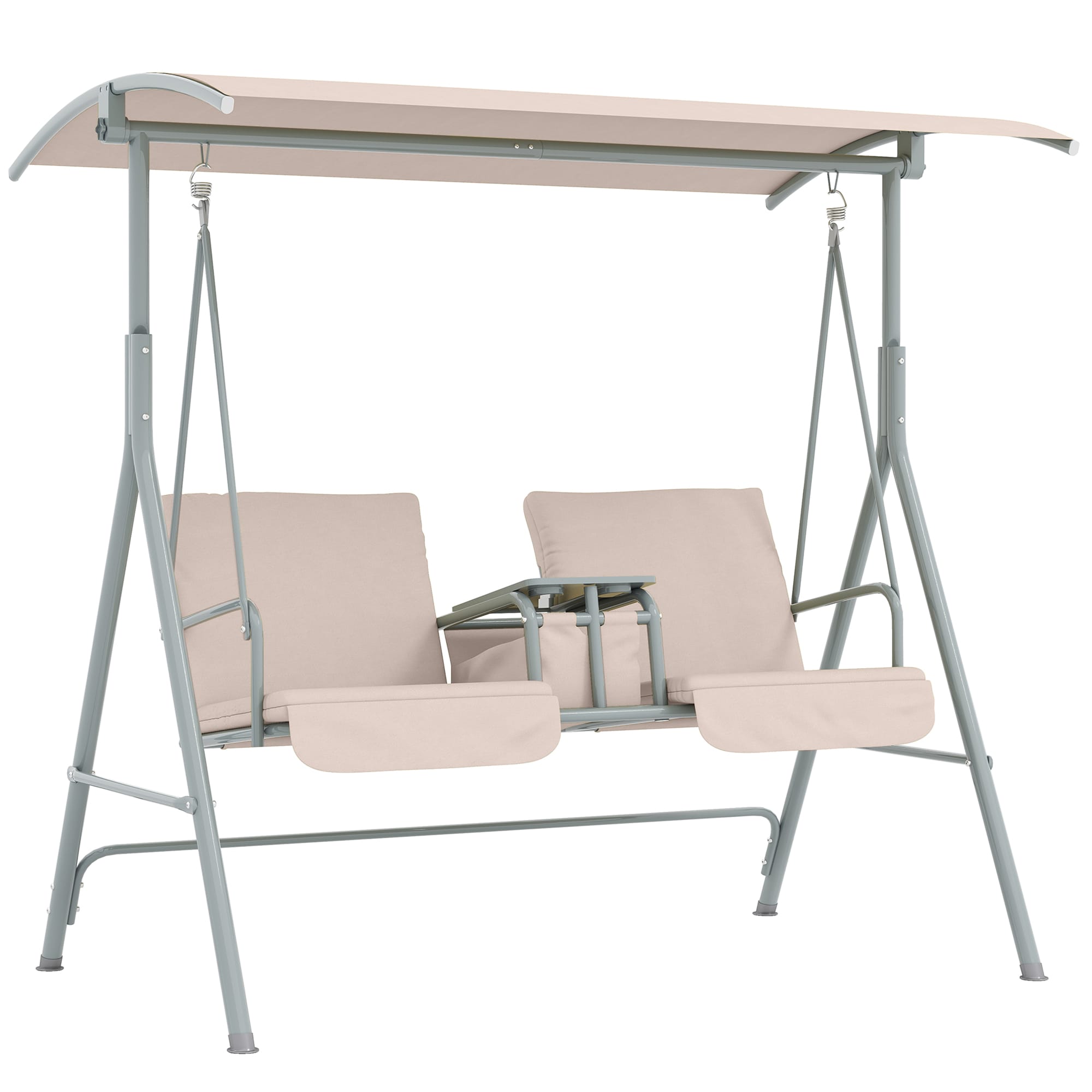 Outsunny 84A-057V01BG 2 Person Porch Swing with Stand Outdoor Swing with Canopy Pivot Storage Table 2 Cup Holders Cushions for Patio Backyard Beige