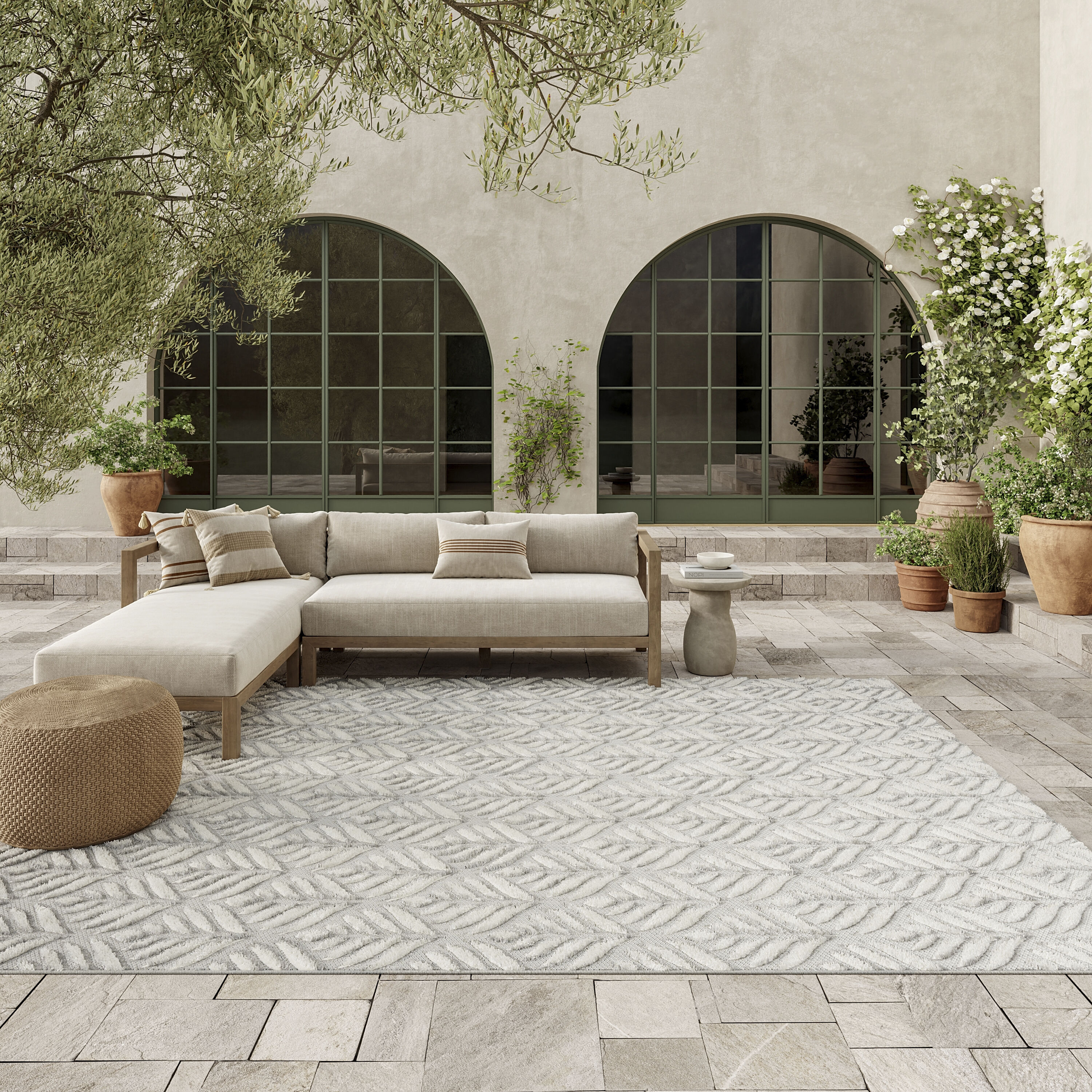 Nourison 099446175182 Aloha 7 x 10 (ft) Loomed Polypropylene Grey Rectangular Indoor/Outdoor Floral/Botanical Tropical Area rug