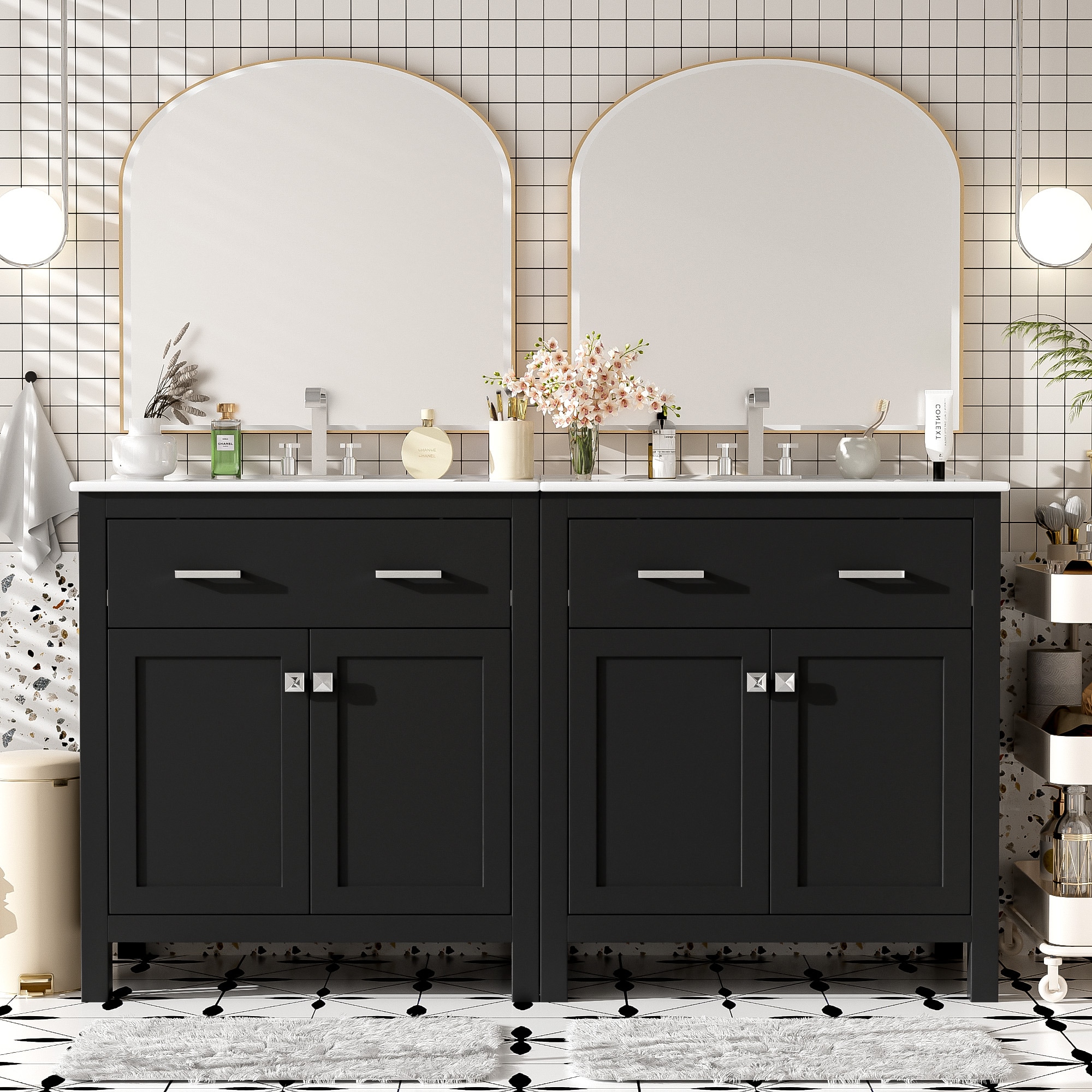 WELLFOR TO-AL-BV36WH NE Separate Bathroom Vanity Set with Flip Drawer 60-in Black Double Sink Bathroom Vanity with White Ceramic Top