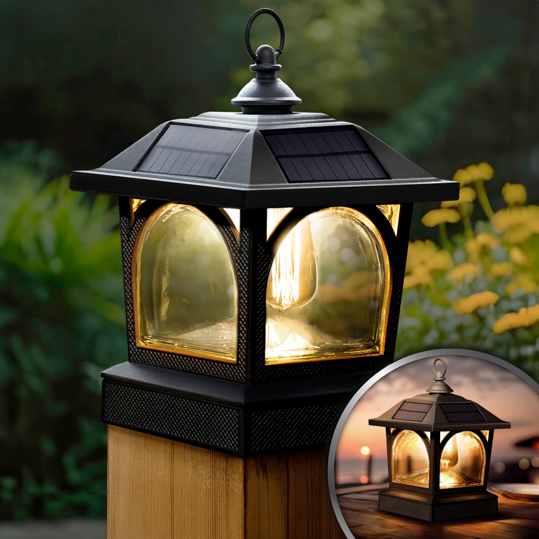 Black Aluminum LED Solar Post Cap Lantern