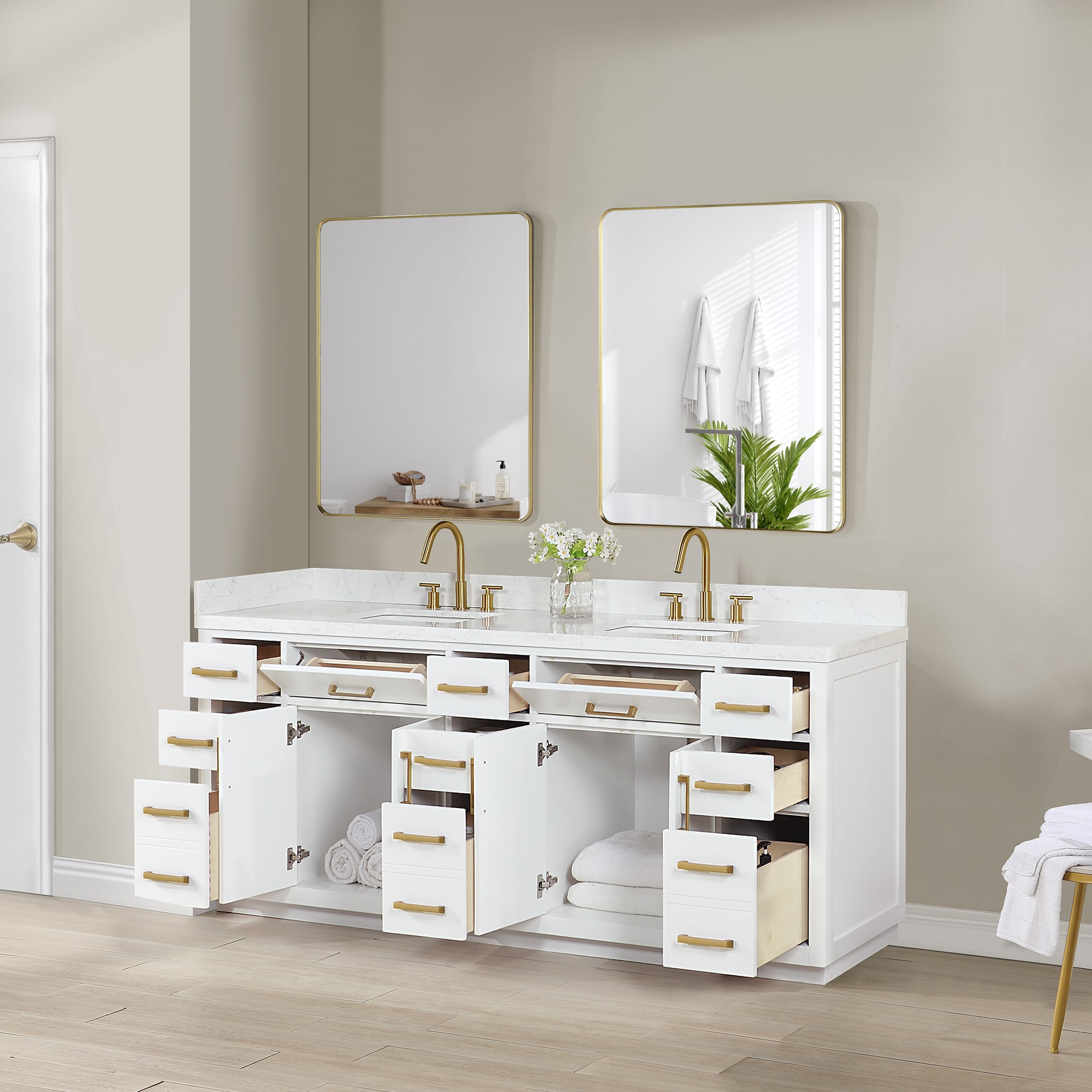 Gavino 84" White Wood Vanity with Composite Stone Top and Mirror