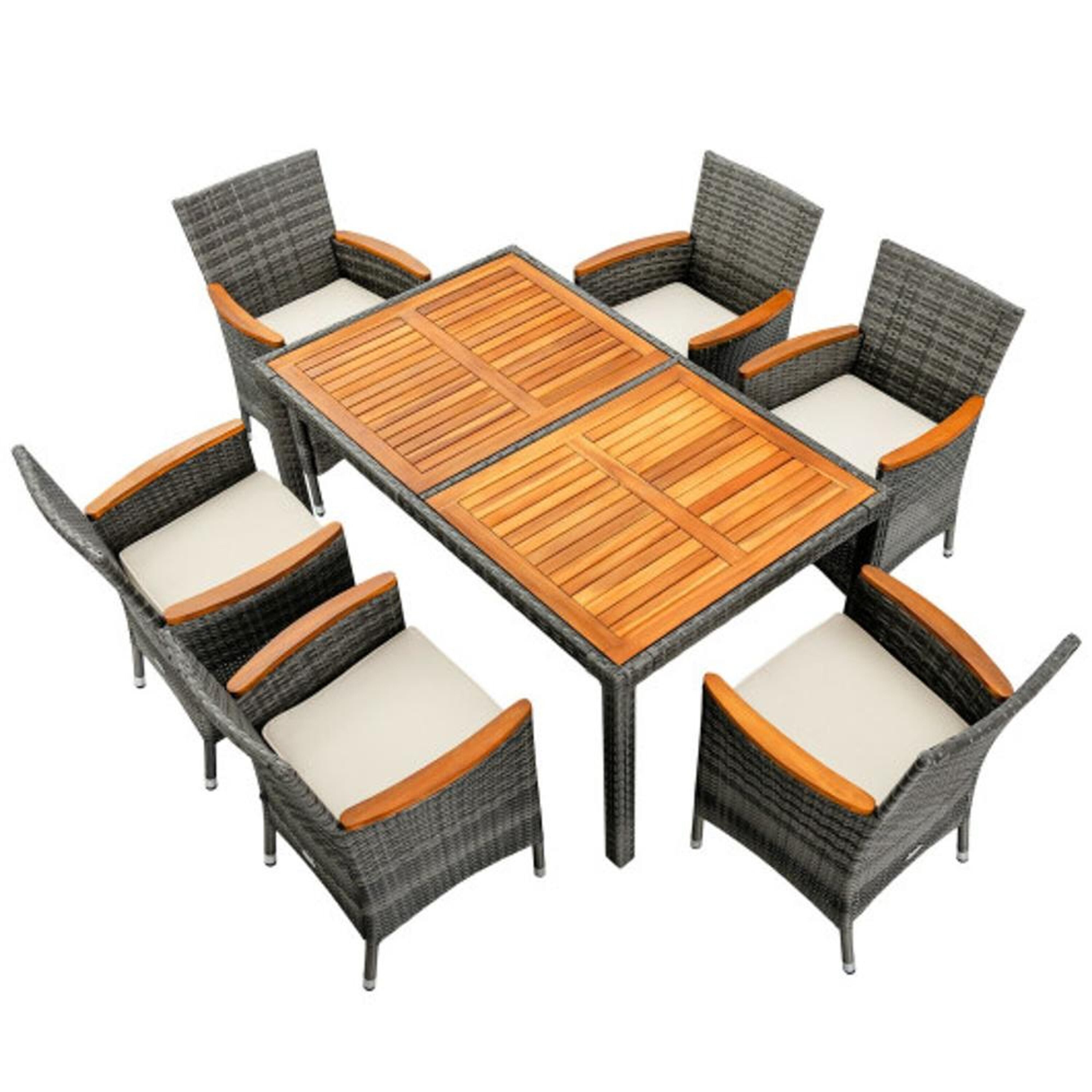 BABOOM BOM-8689A+-CO Rattan Dining Set 7 -Piece Brown Rattan Patio Dining Set Wood Rectangle Table with 6 Off-white Cushions Stationary Chairs