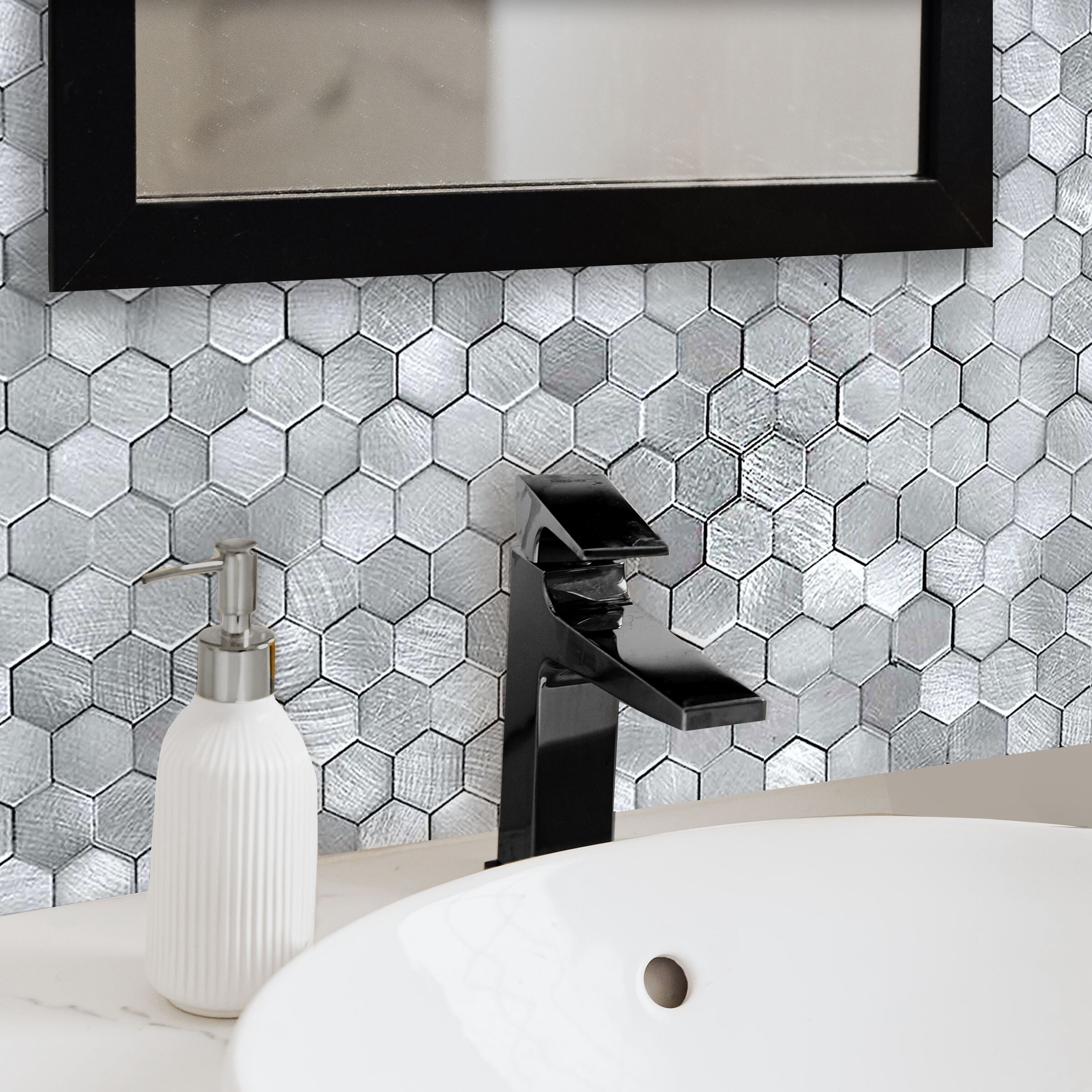 Design is Personal Dip peel and stick tile backsplash Mini Nickel Hex ...