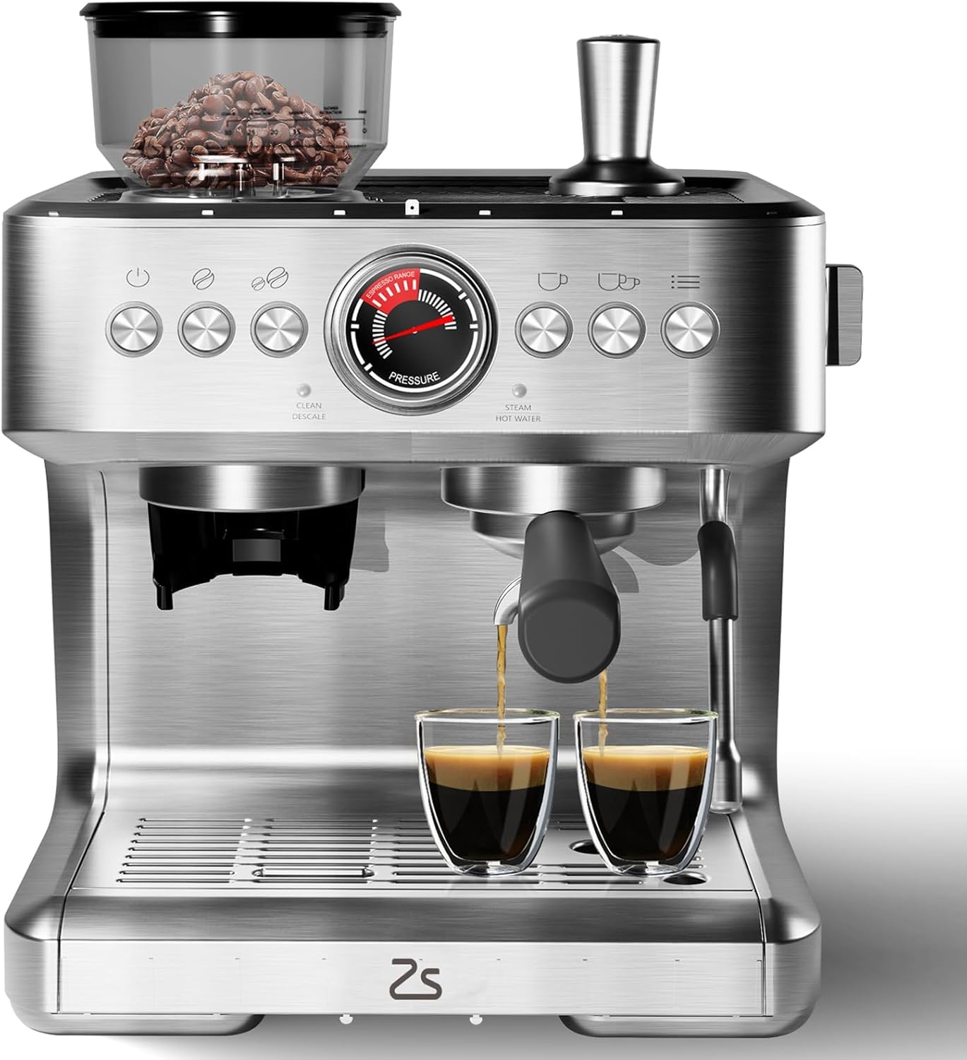 Qeetex COFFEPHO13FTMM3J Semi Automatic Espresso Machine With Built In Grinder Twenty Bar Pump Dual Heating System Thirty Grind Settings Milk Frother And Large Two Point Eight Liter Removable Water Tank Silver