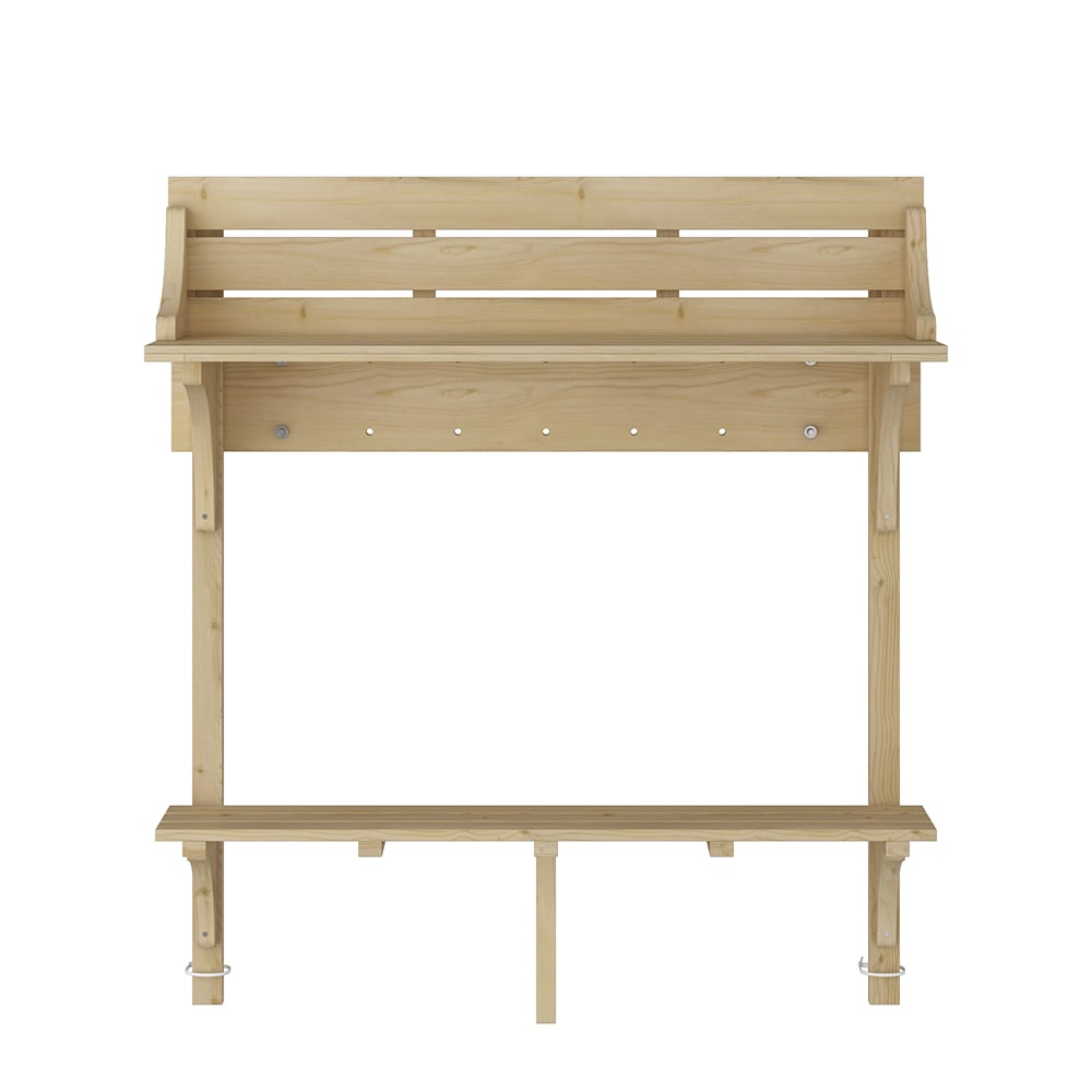 Homsee C-KF170373-01 Natural Wood Balcony Railing Table with Drain Holes Two Tier Shelf and Rear Guard Panel
