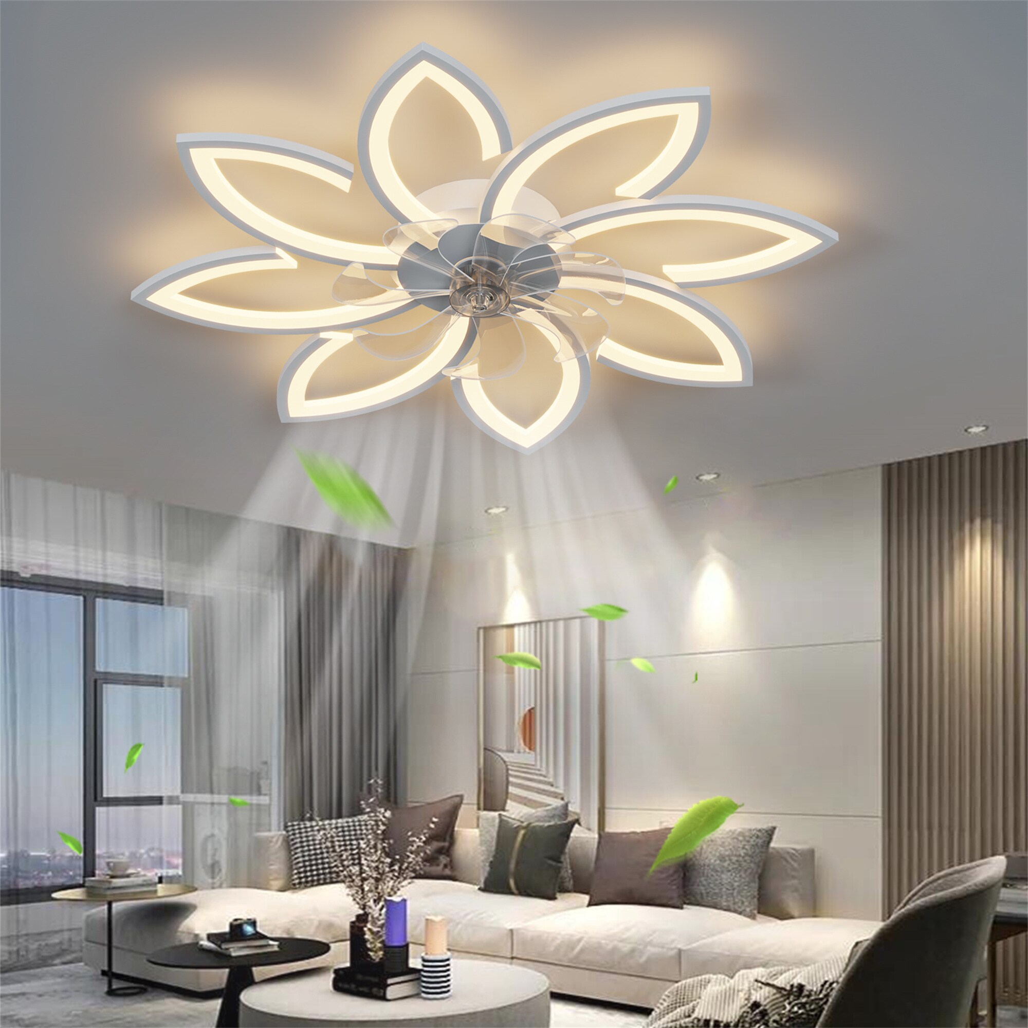 BABOOM BOM-2137615-OR 35.4-in Color-Changing Integrated LED Flush Mount Smart White with Clear Blades Fandelier Ceiling Fan With Light - Remote Included ( 7 -Blade )