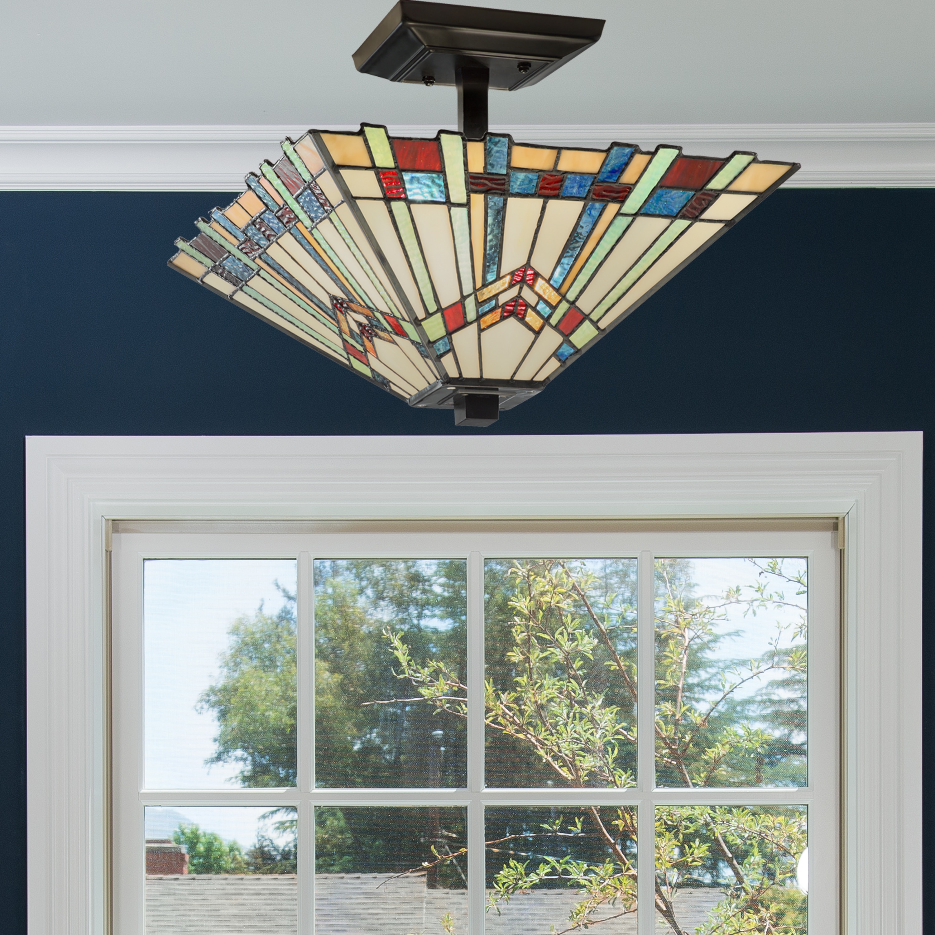 Mission-Inspired 18'' Tiffany Style Stained Glass Semi-Flush Mount in Oil-Rubbed Bronze