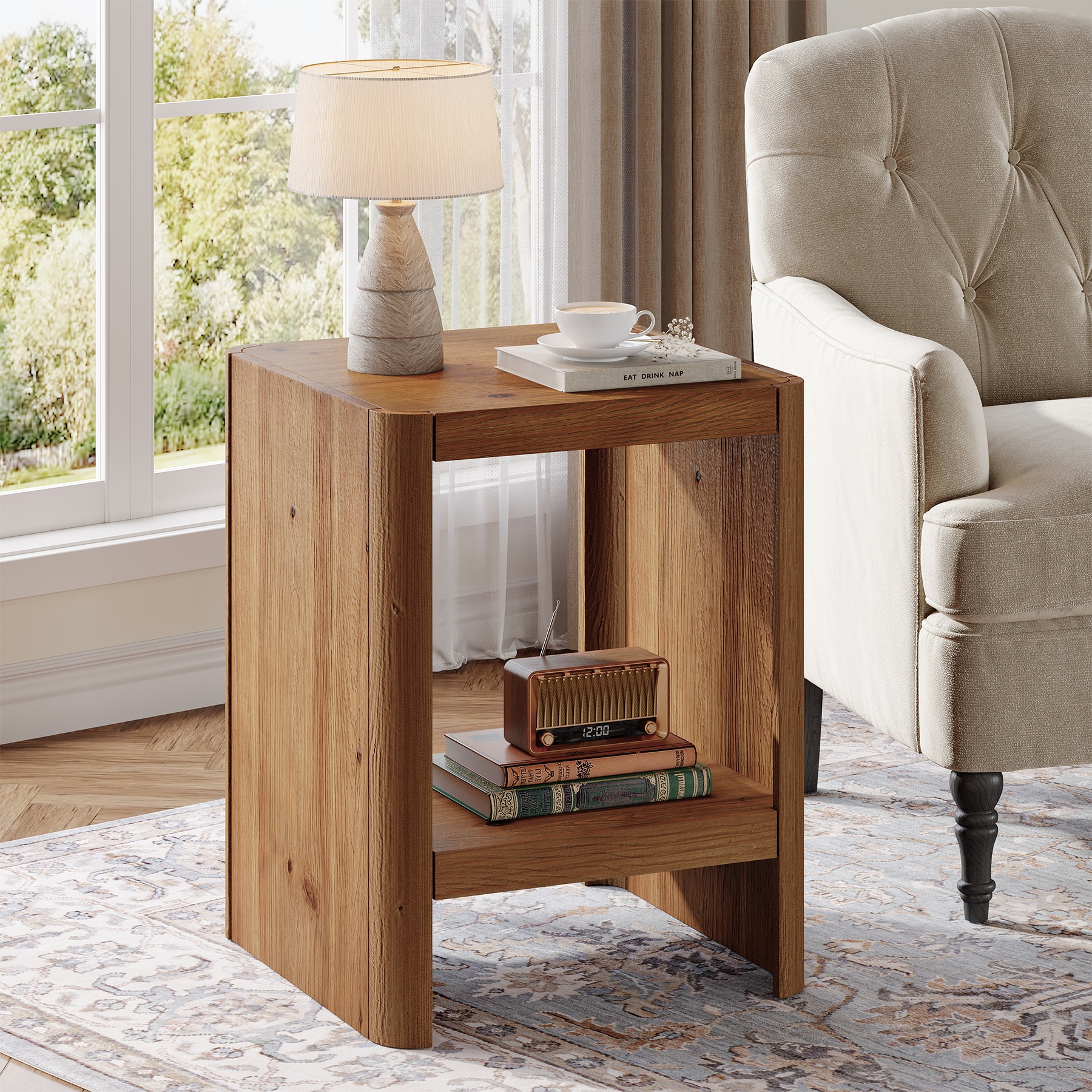 Tribesigns - Natural Wood Solid Wood End Table 2 Tier Small Side Table with Open Storage Shelf Ru...