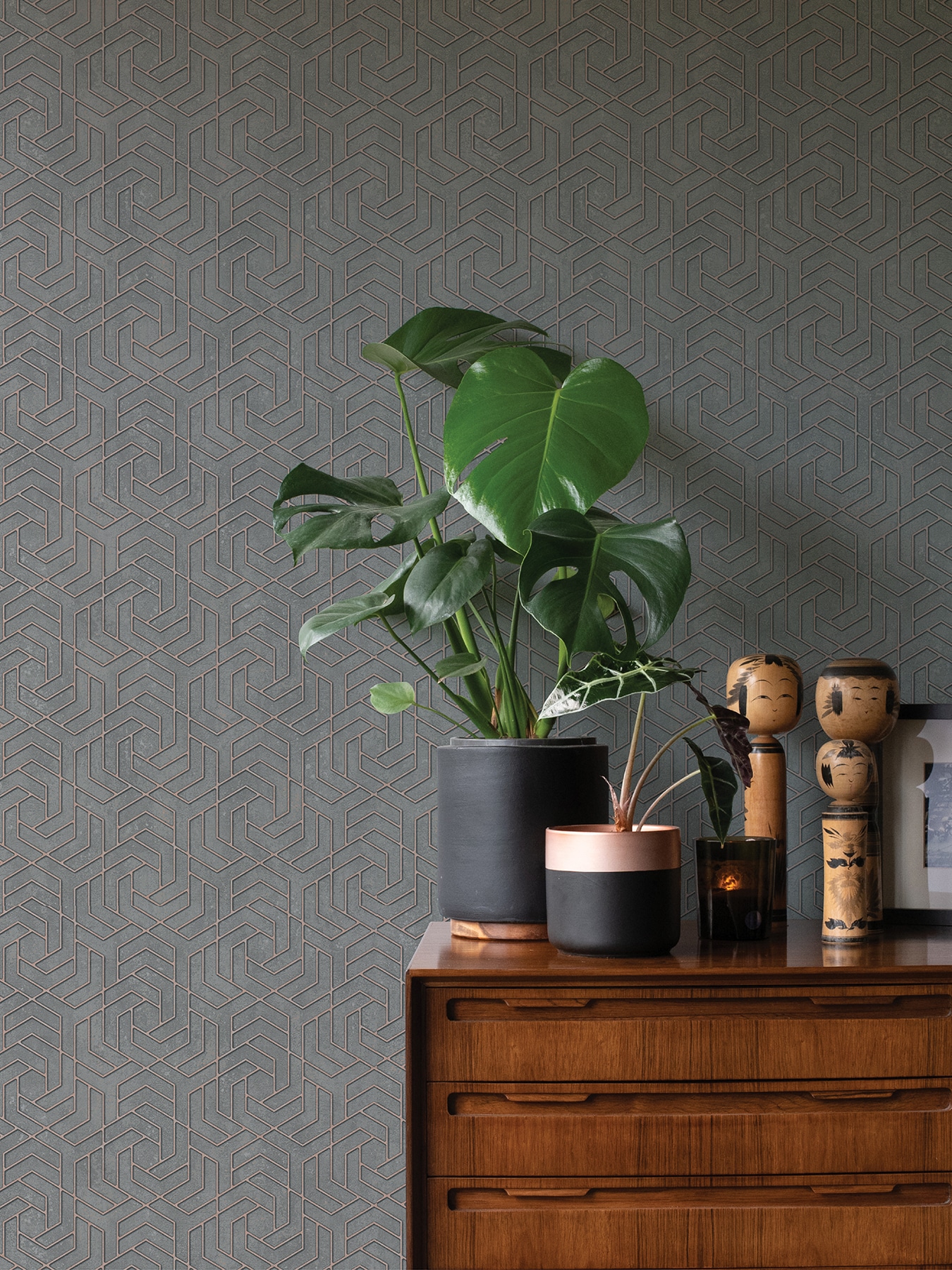 Tama Charcoal Geometric Vinyl Wallpaper with Rose Gold Accents